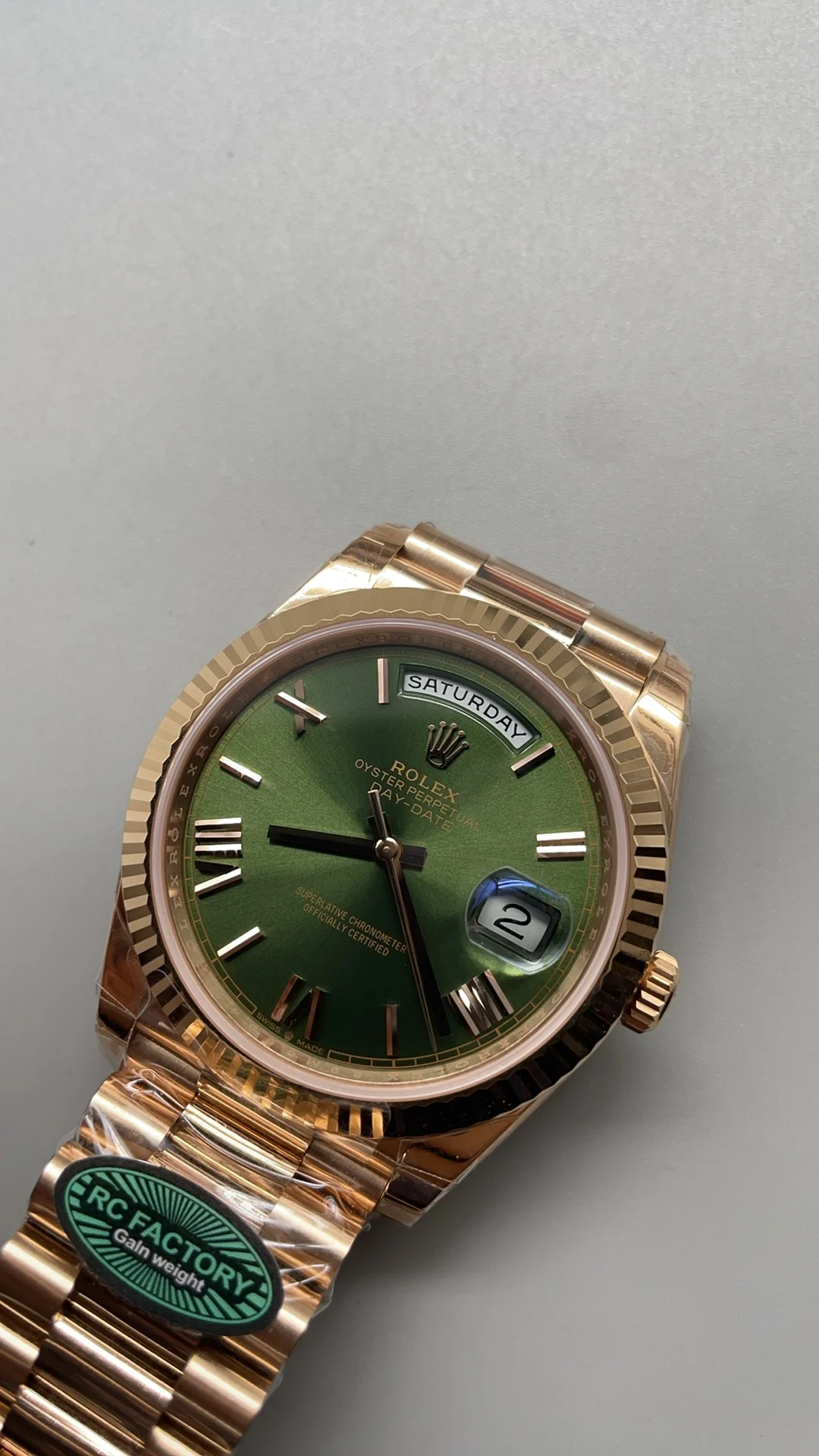 Rolex Day-Date Green Dial 40mm — photographed off the sweep