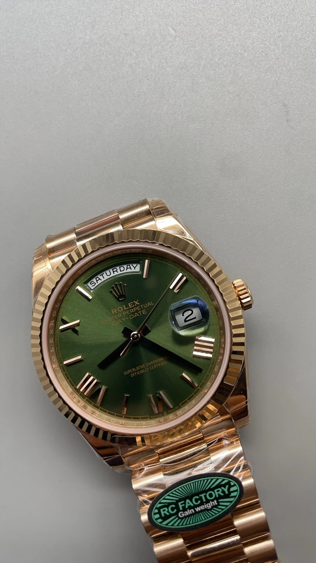 Rolex Day-Date Green Dial 40mm — photographed off the sweep