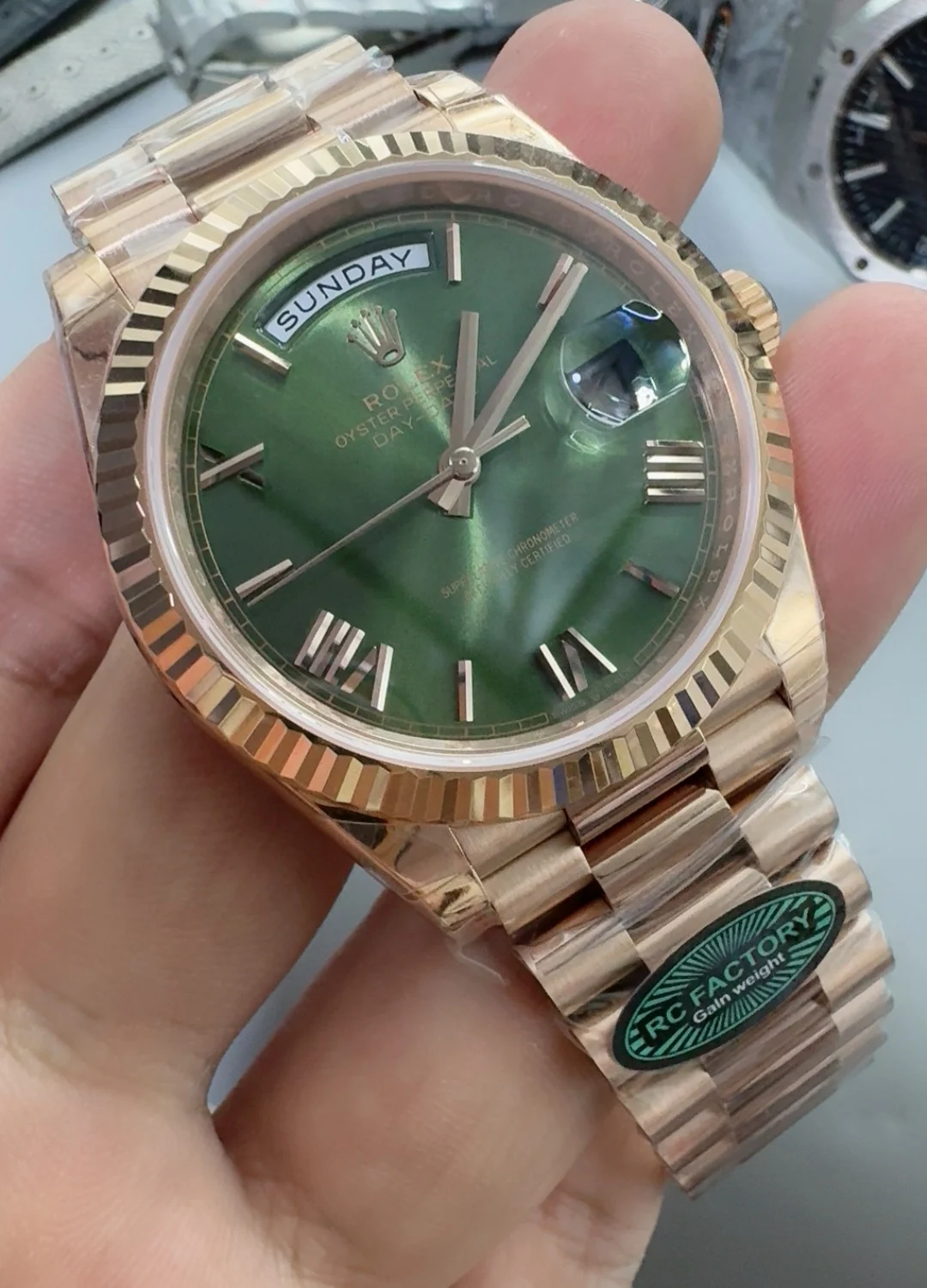 Rolex Day-Date Green Dial 40mm — photographed off the sweep