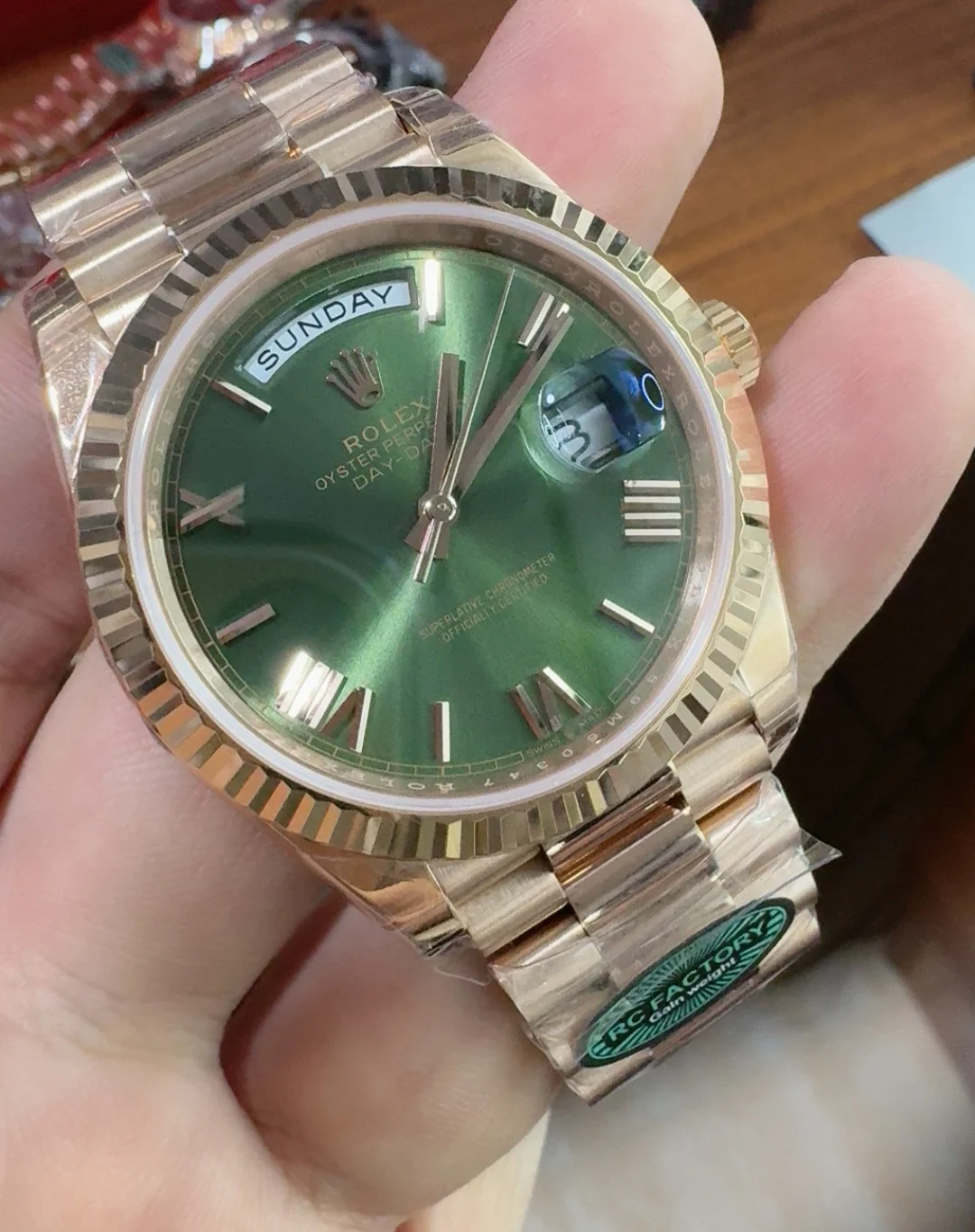 Rolex Day-Date Green Dial 40mm — photographed off the sweep