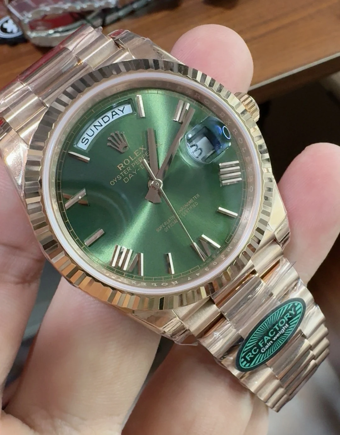 Rolex Day-Date Green Dial 40mm — photographed off the sweep