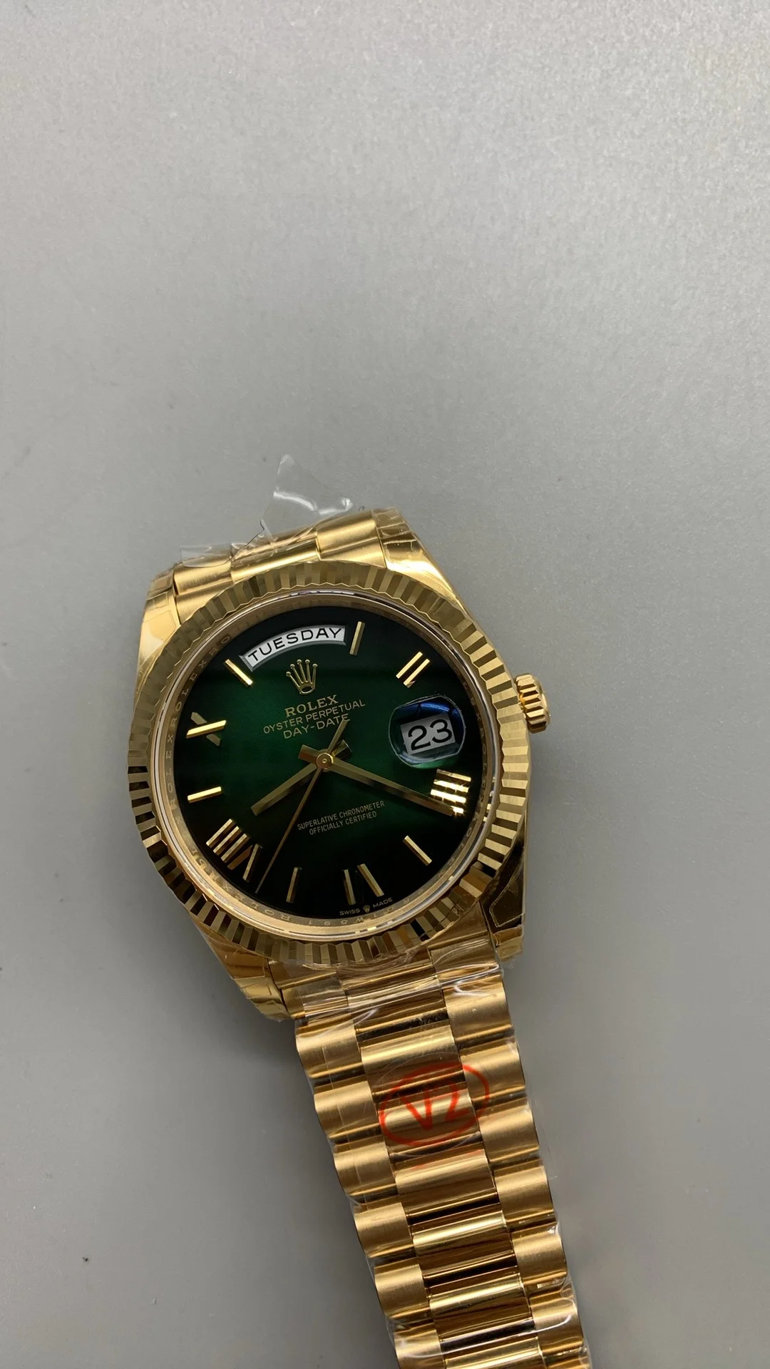 Rolex Day-Date Green Dial 40mm — photographed off the sweep
