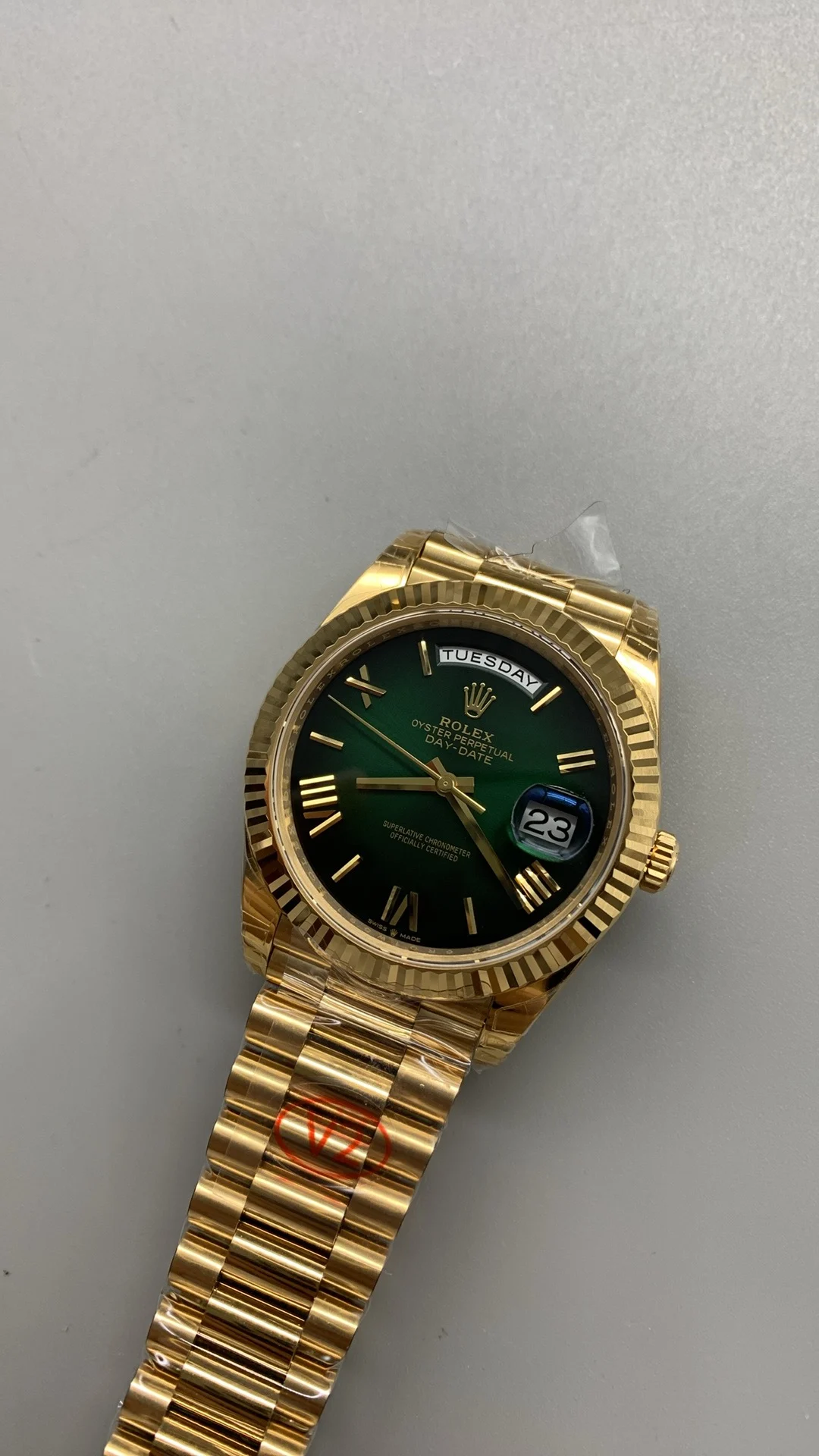Rolex Day-Date Green Dial 40mm — photographed off the sweep