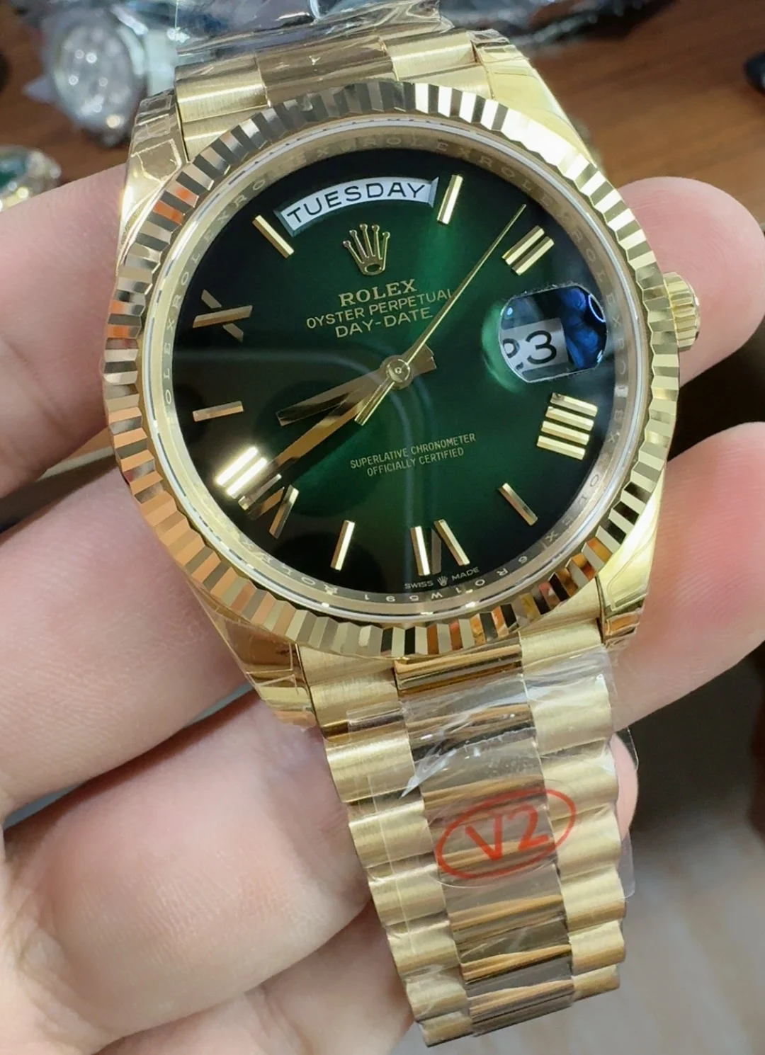 Rolex Day-Date Green Dial 40mm — photographed off the sweep
