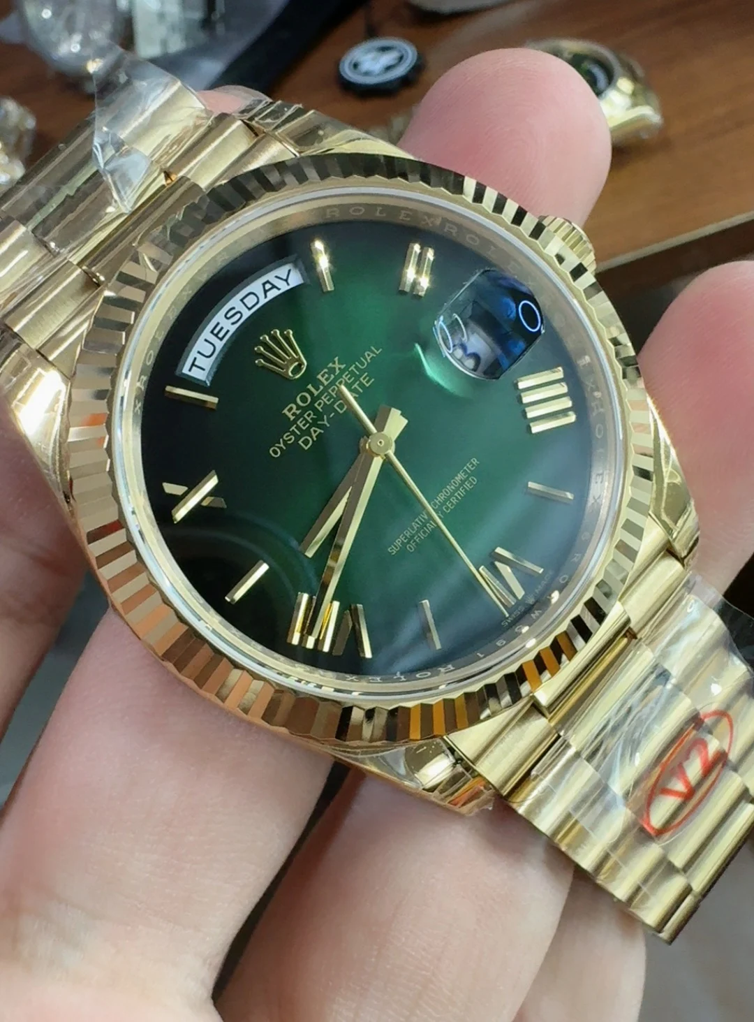 Rolex Day-Date Green Dial 40mm — photographed off the sweep