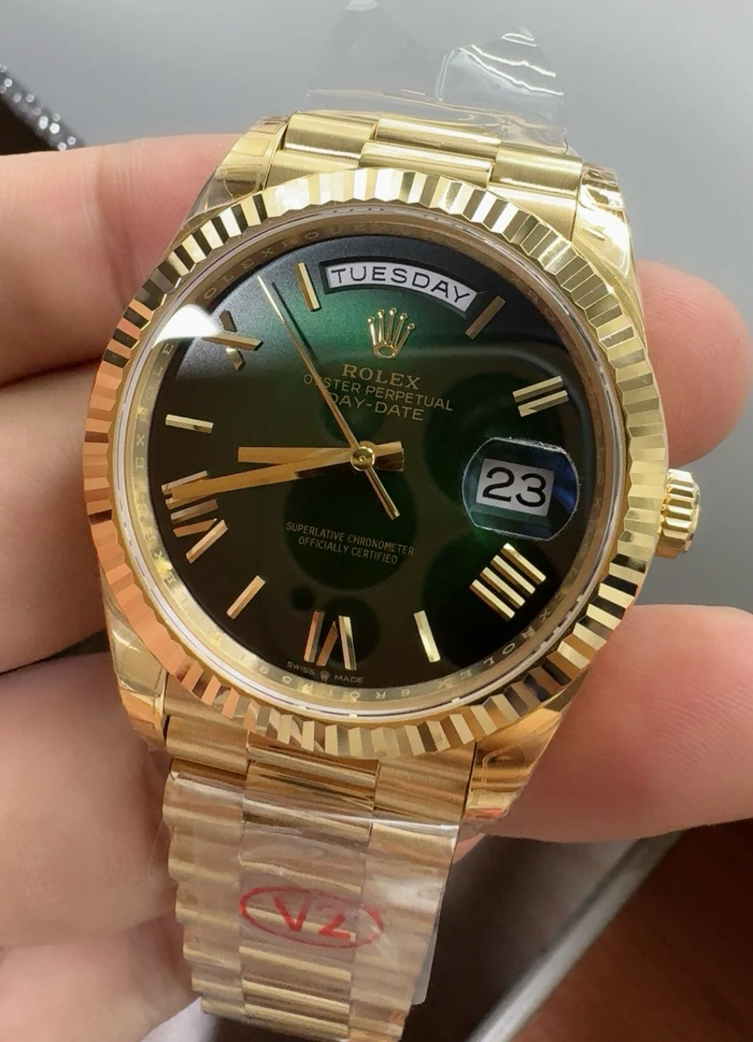 Rolex Day-Date Green Dial 40mm — photographed off the sweep
