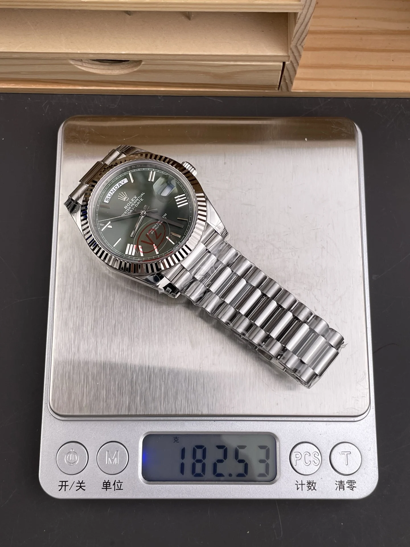 Rolex Day-Date Green Dial 40mm — photographed off the sweep