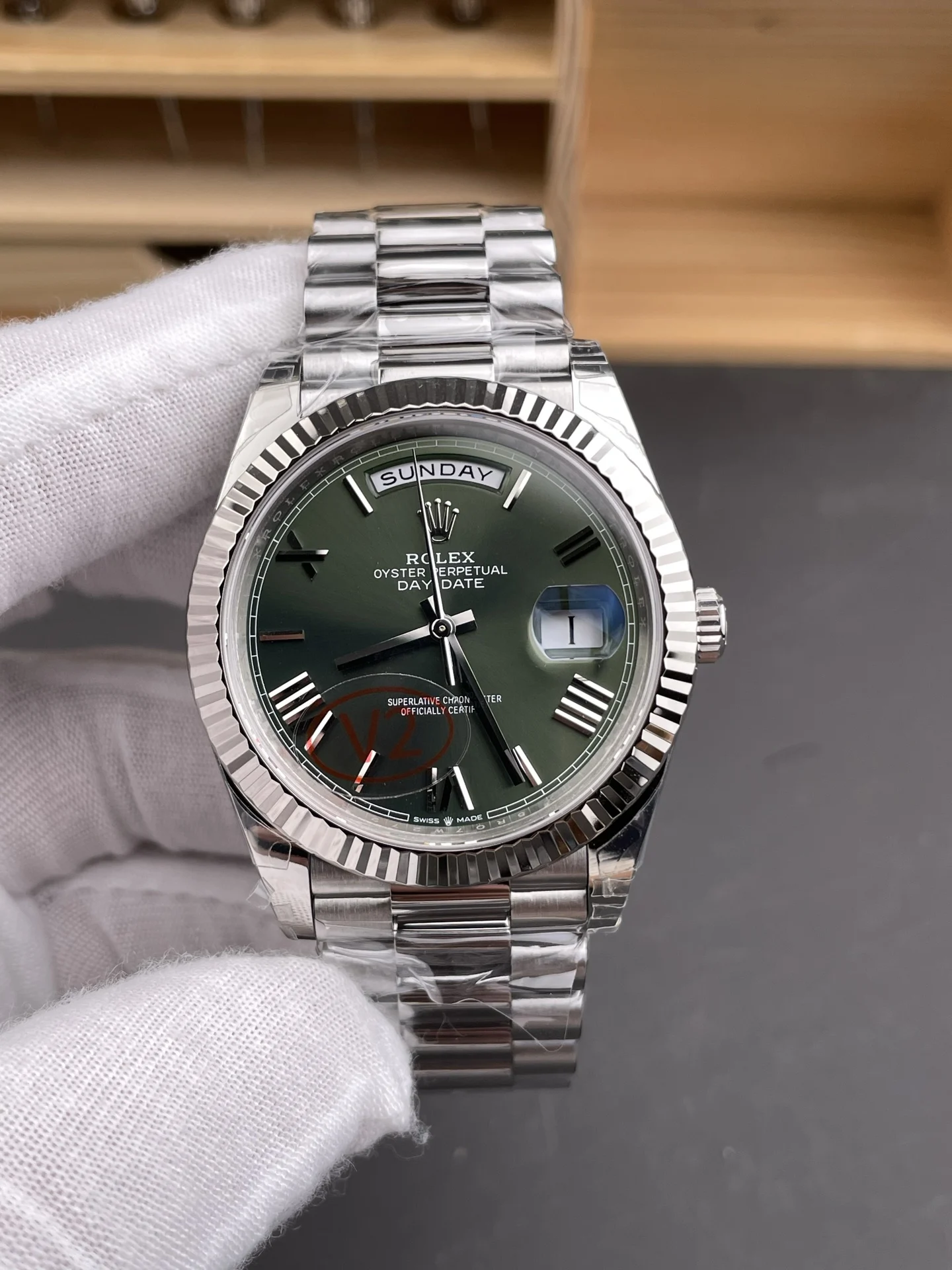 Rolex Day-Date Green Dial 40mm — photographed off the sweep