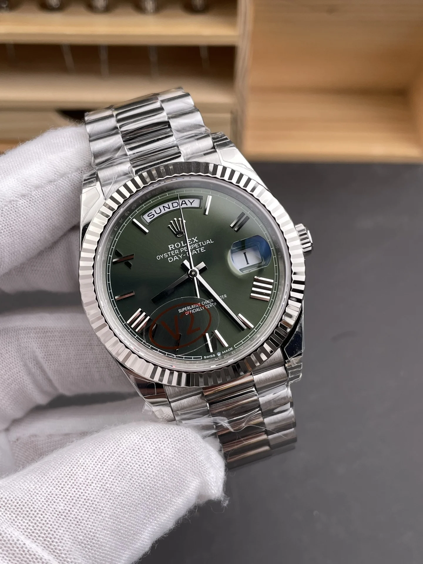 Rolex Day-Date Green Dial 40mm — photographed off the sweep