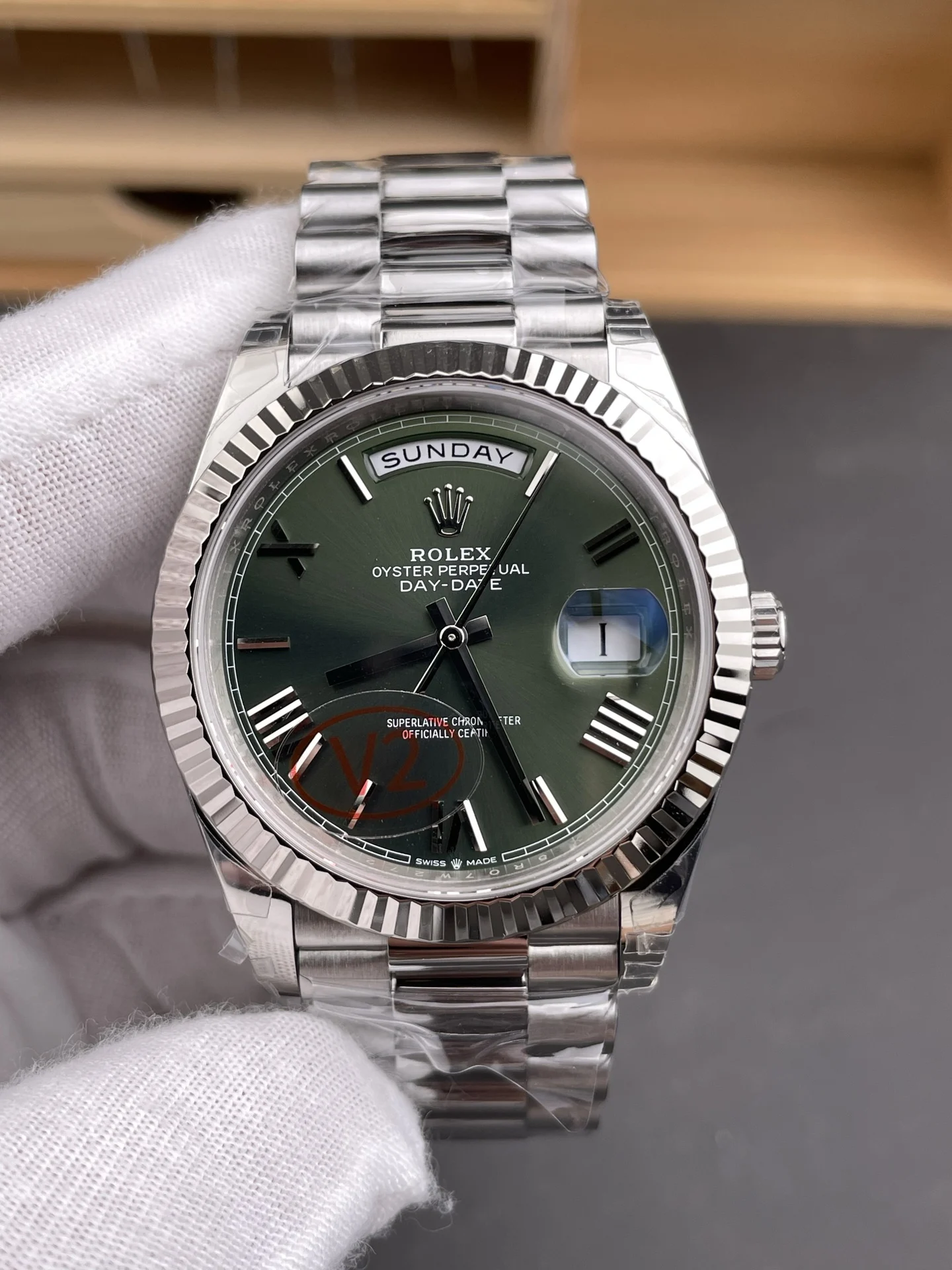 Rolex Day-Date Green Dial 40mm — photographed off the sweep