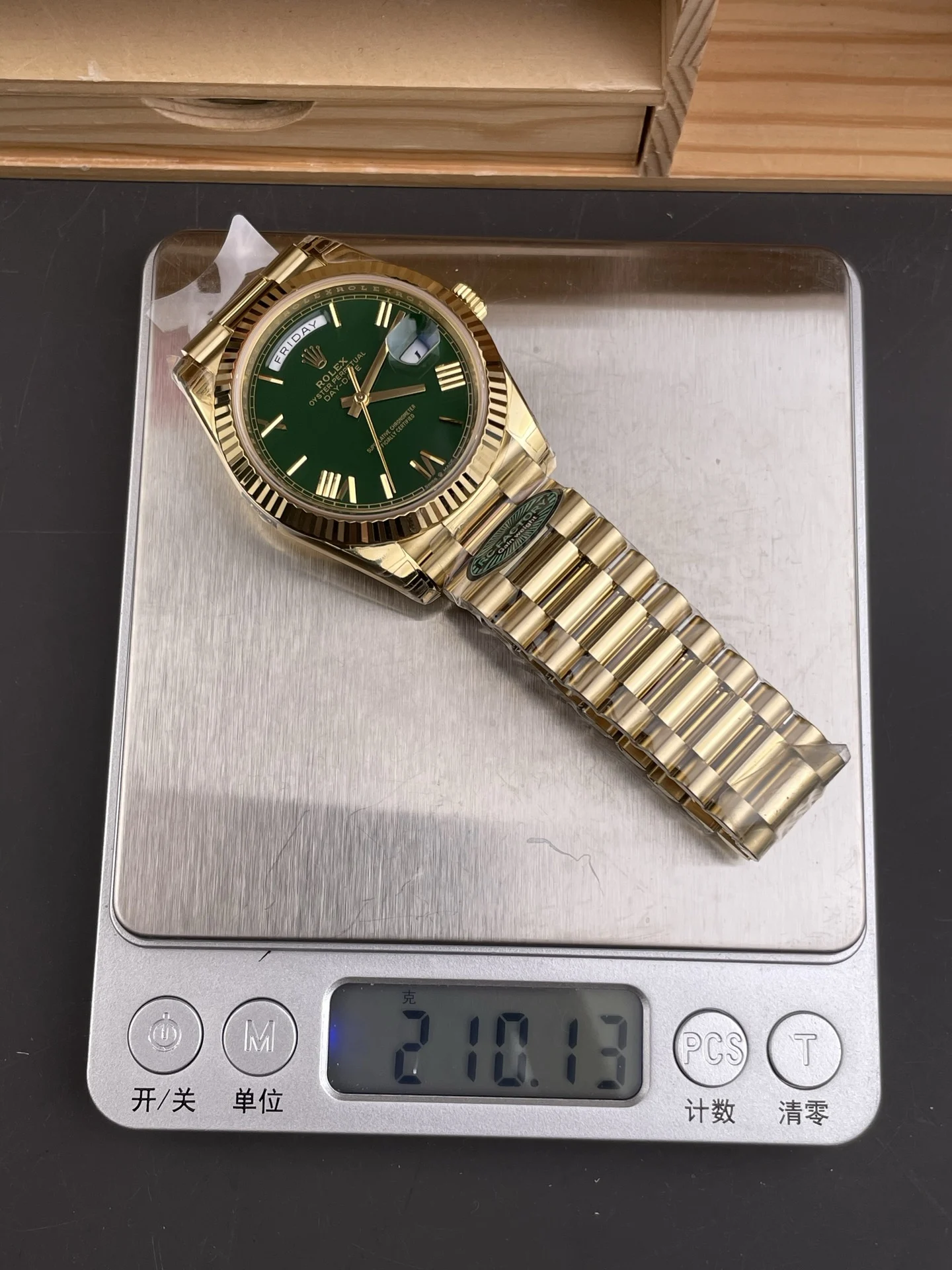 Rolex Day-Date Green Dial 40mm — photographed off the sweep