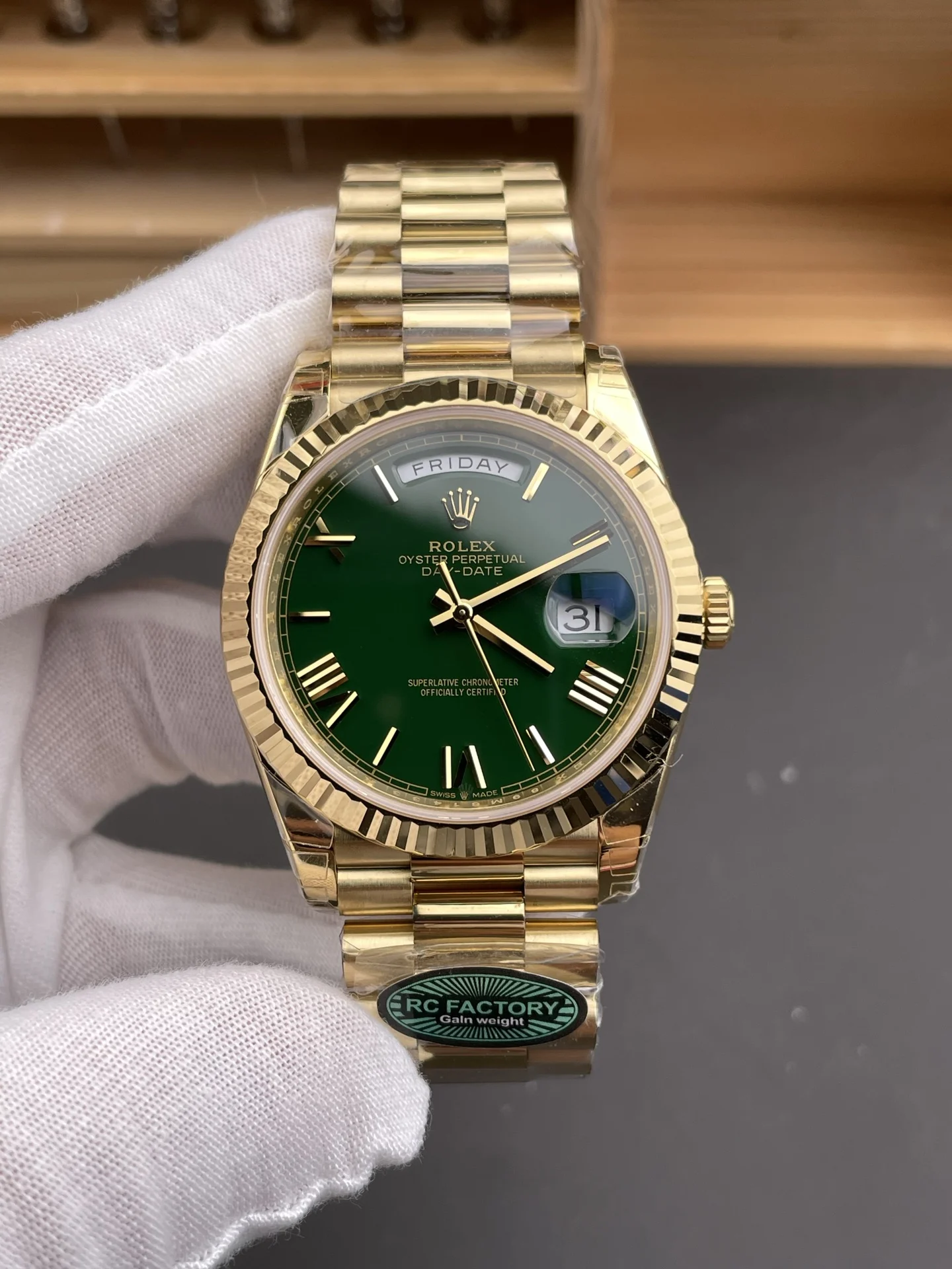Rolex Day-Date Green Dial 40mm — photographed off the sweep