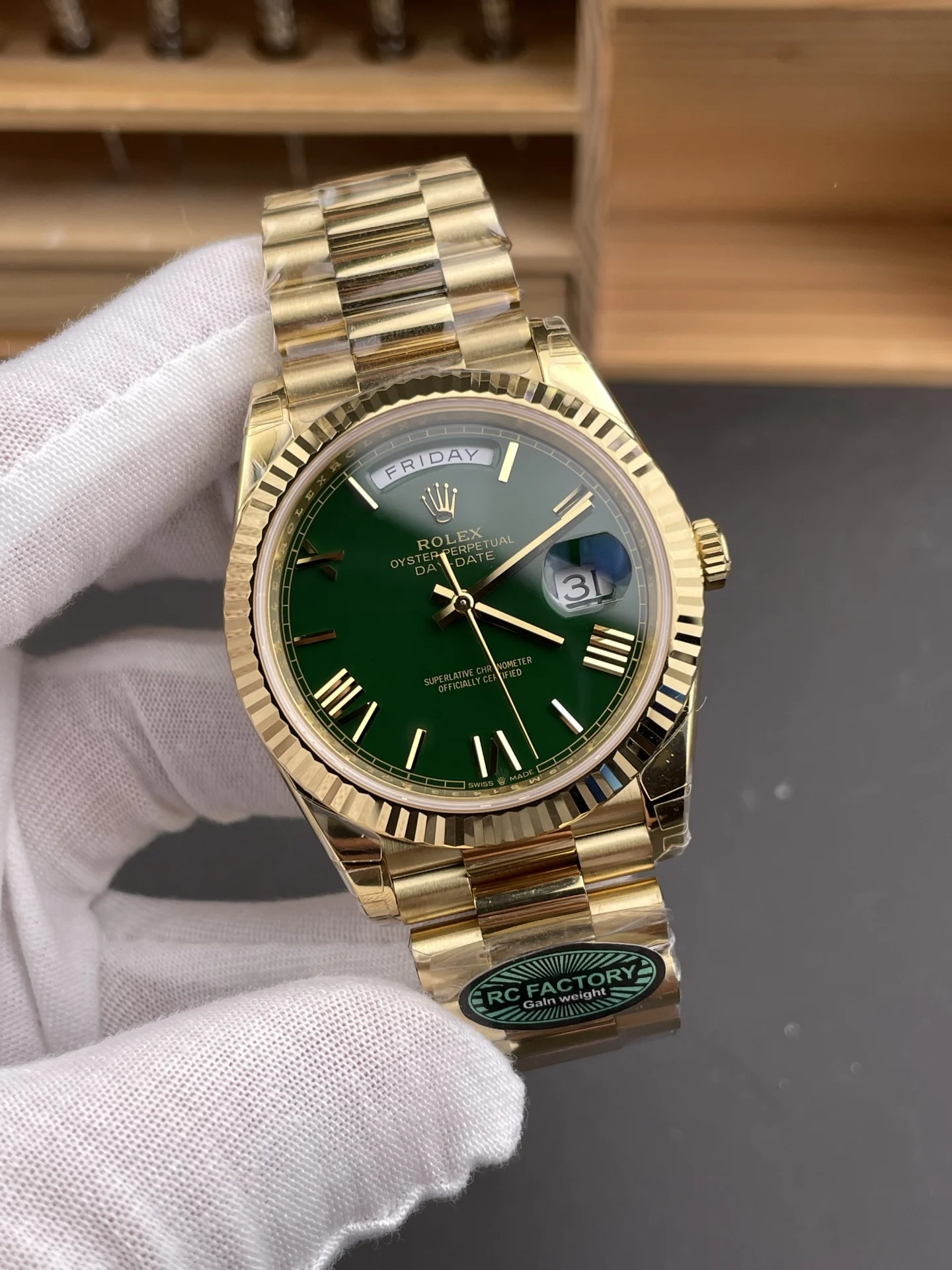 Rolex Day-Date Green Dial 40mm — photographed off the sweep