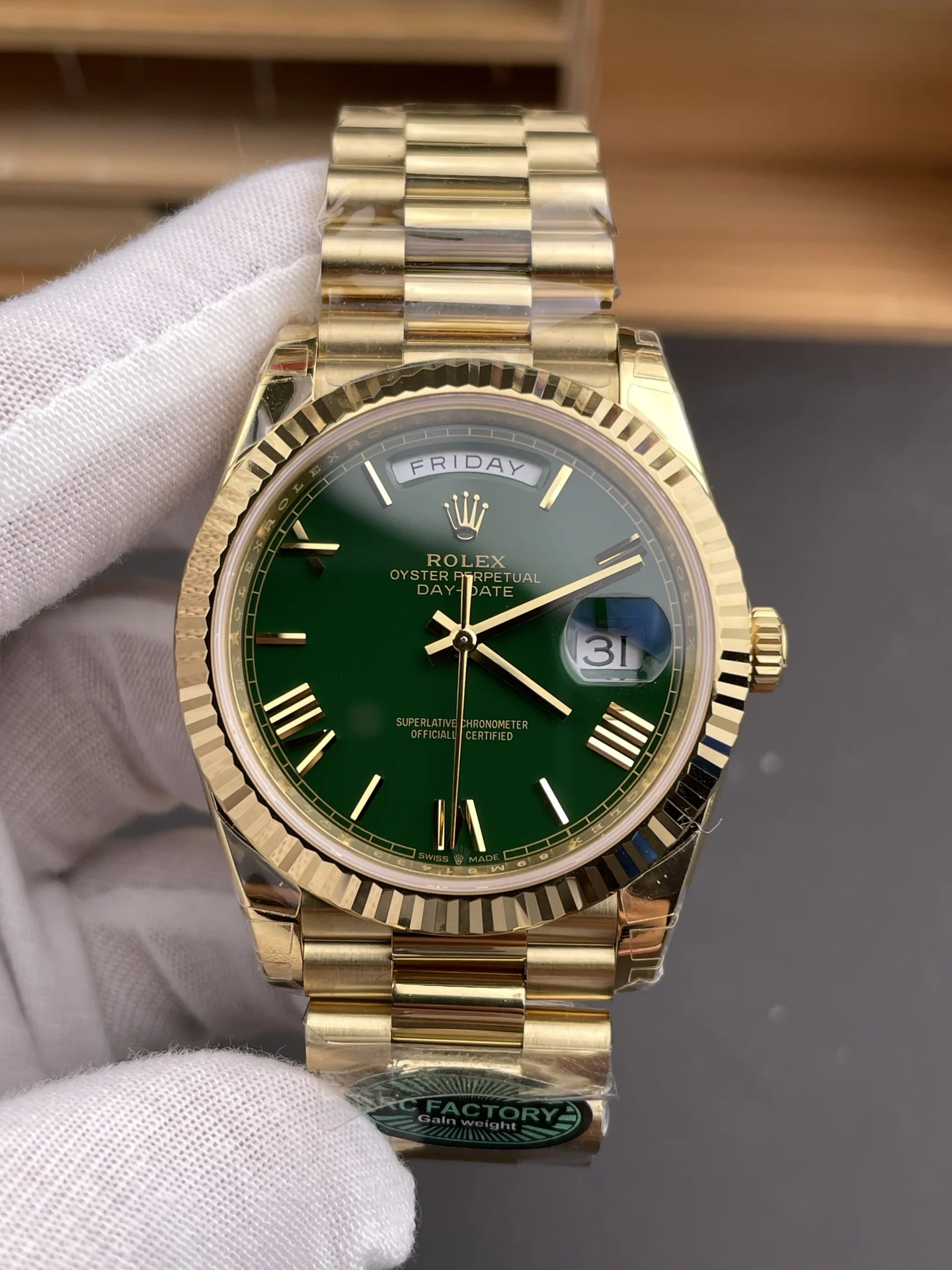 Rolex Day-Date Green Dial 40mm — photographed off the sweep