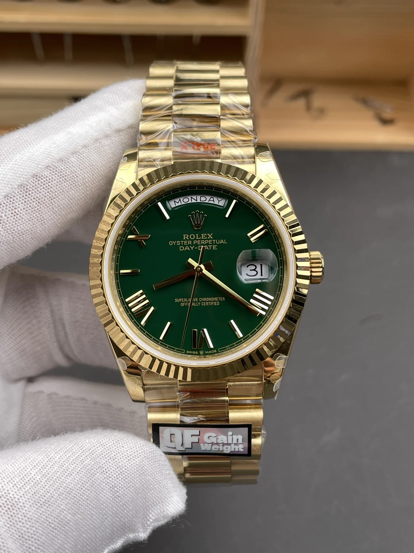 Rolex Day-Date Green Dial 40mm — photographed off the sweep