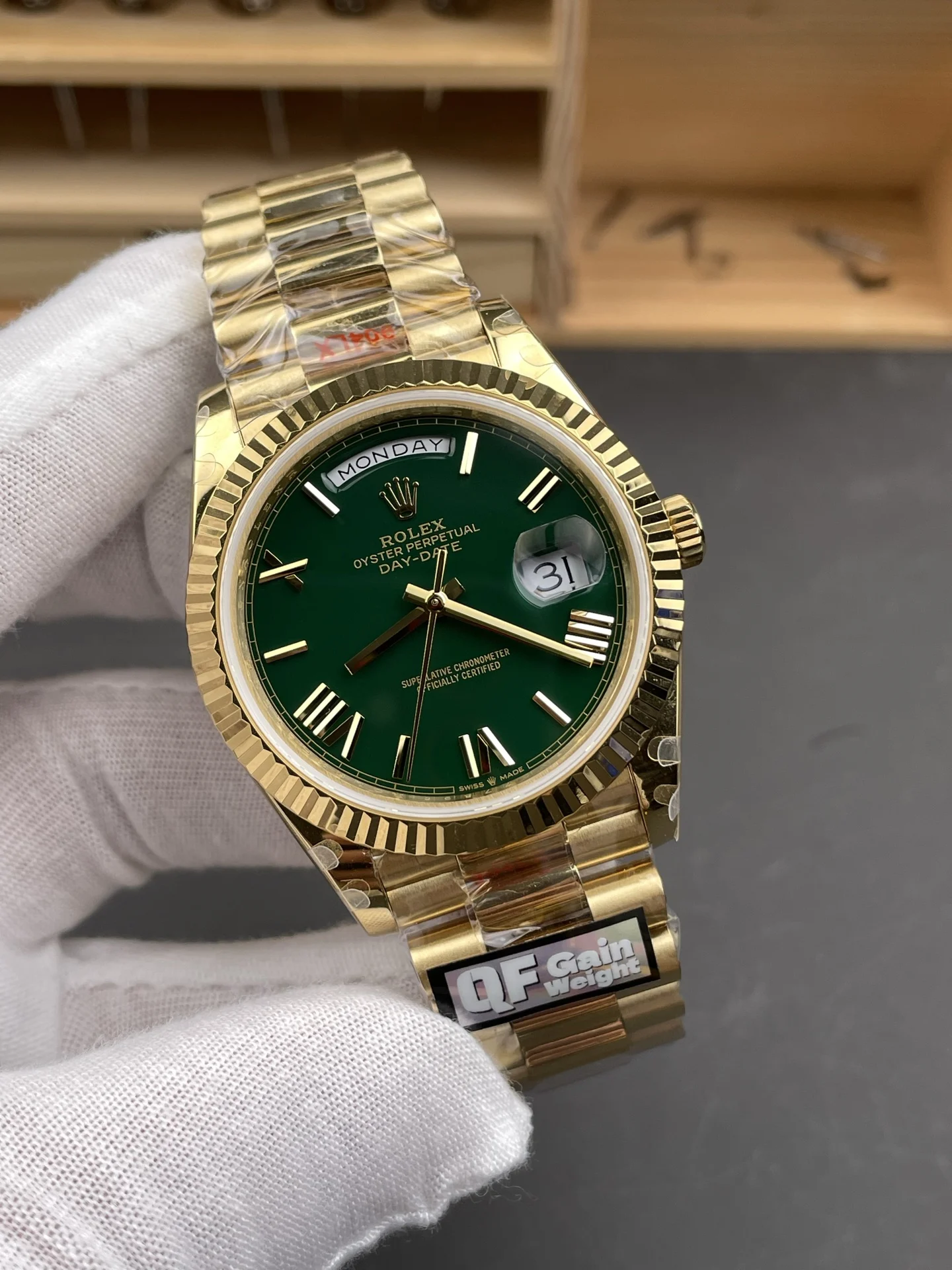 Rolex Day-Date Green Dial 40mm — photographed off the sweep