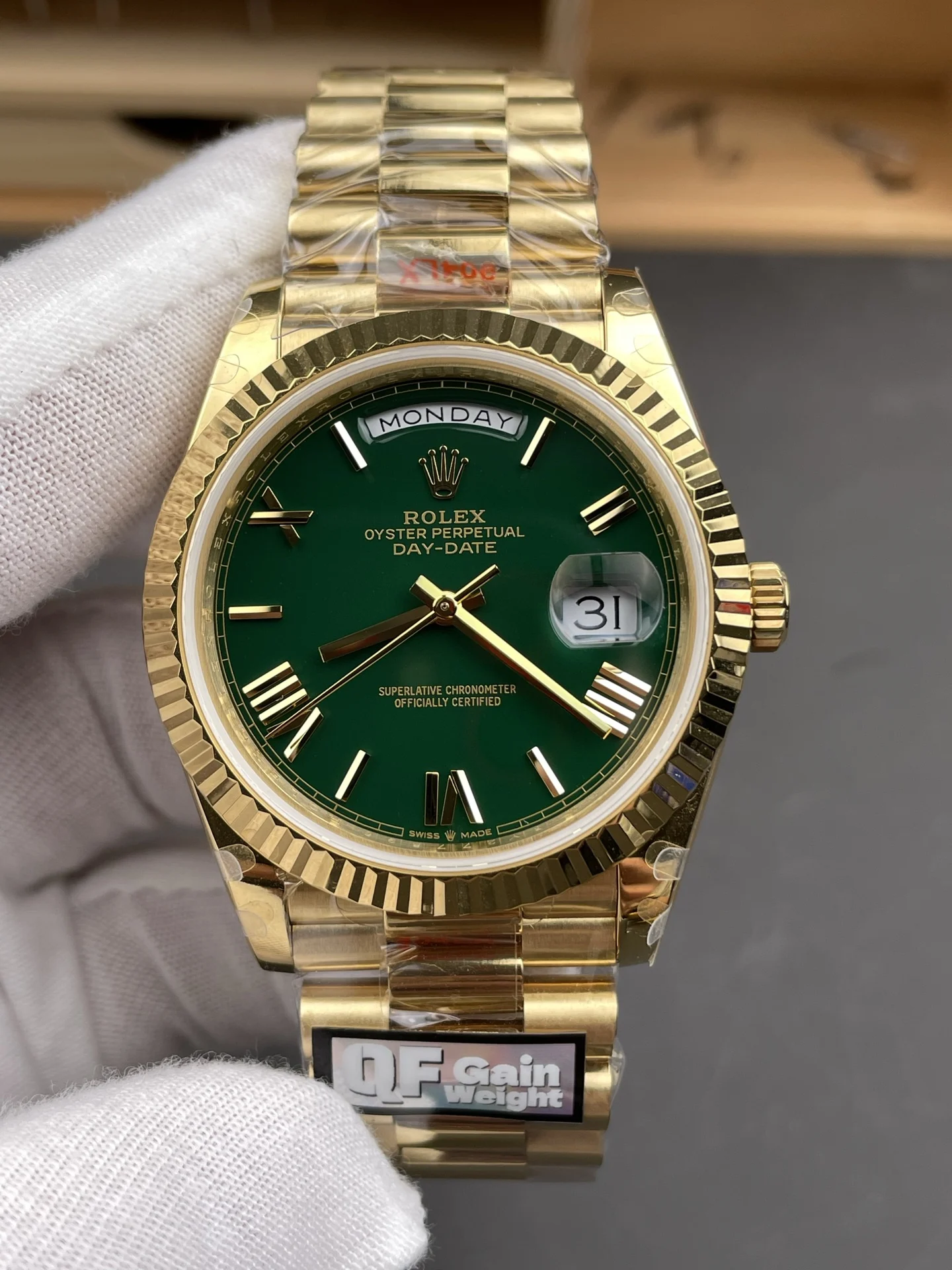 Rolex Day-Date Green Dial 40mm — photographed off the sweep