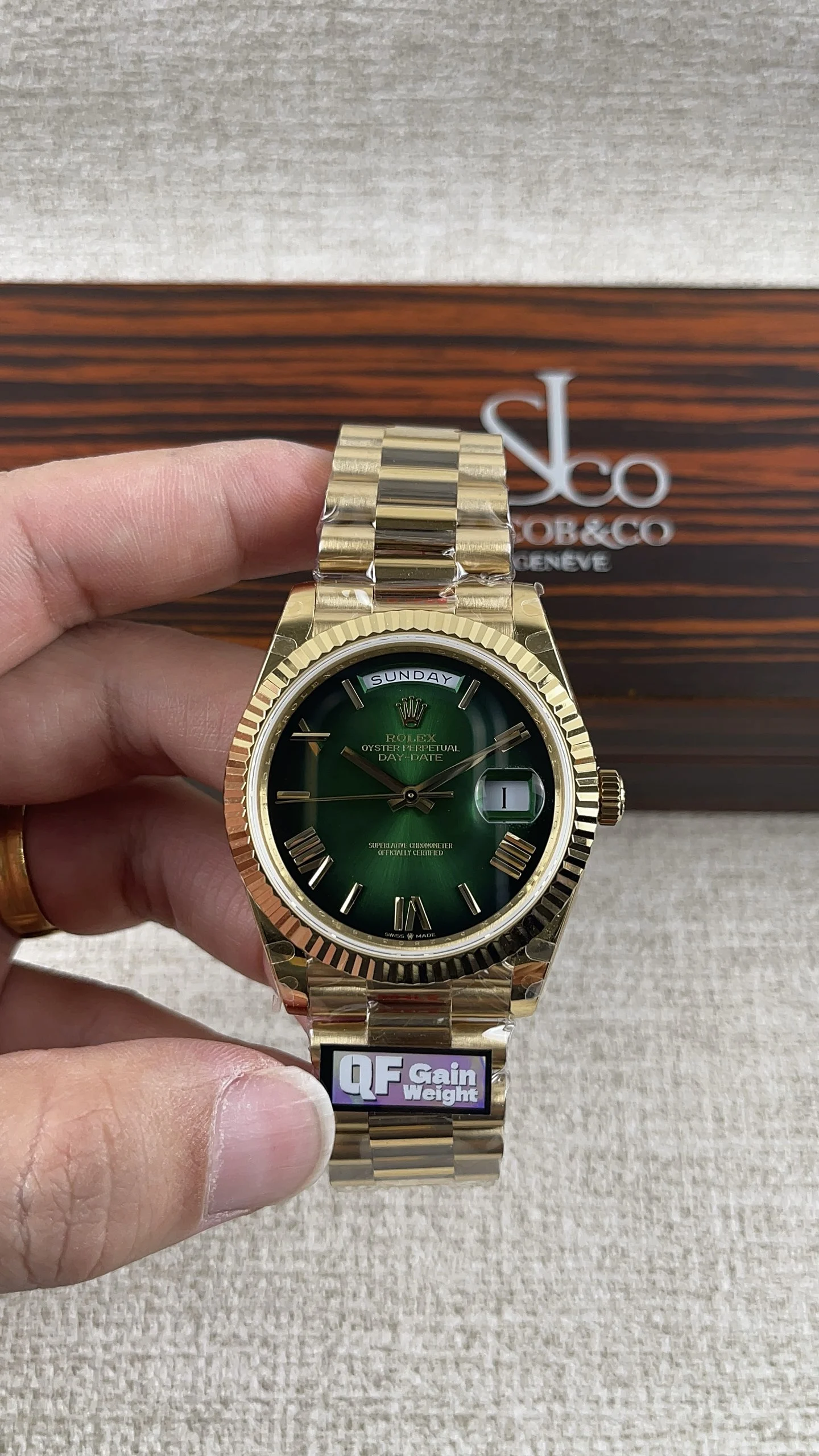 Rolex Day-Date Green Dial 40mm — photographed off the sweep