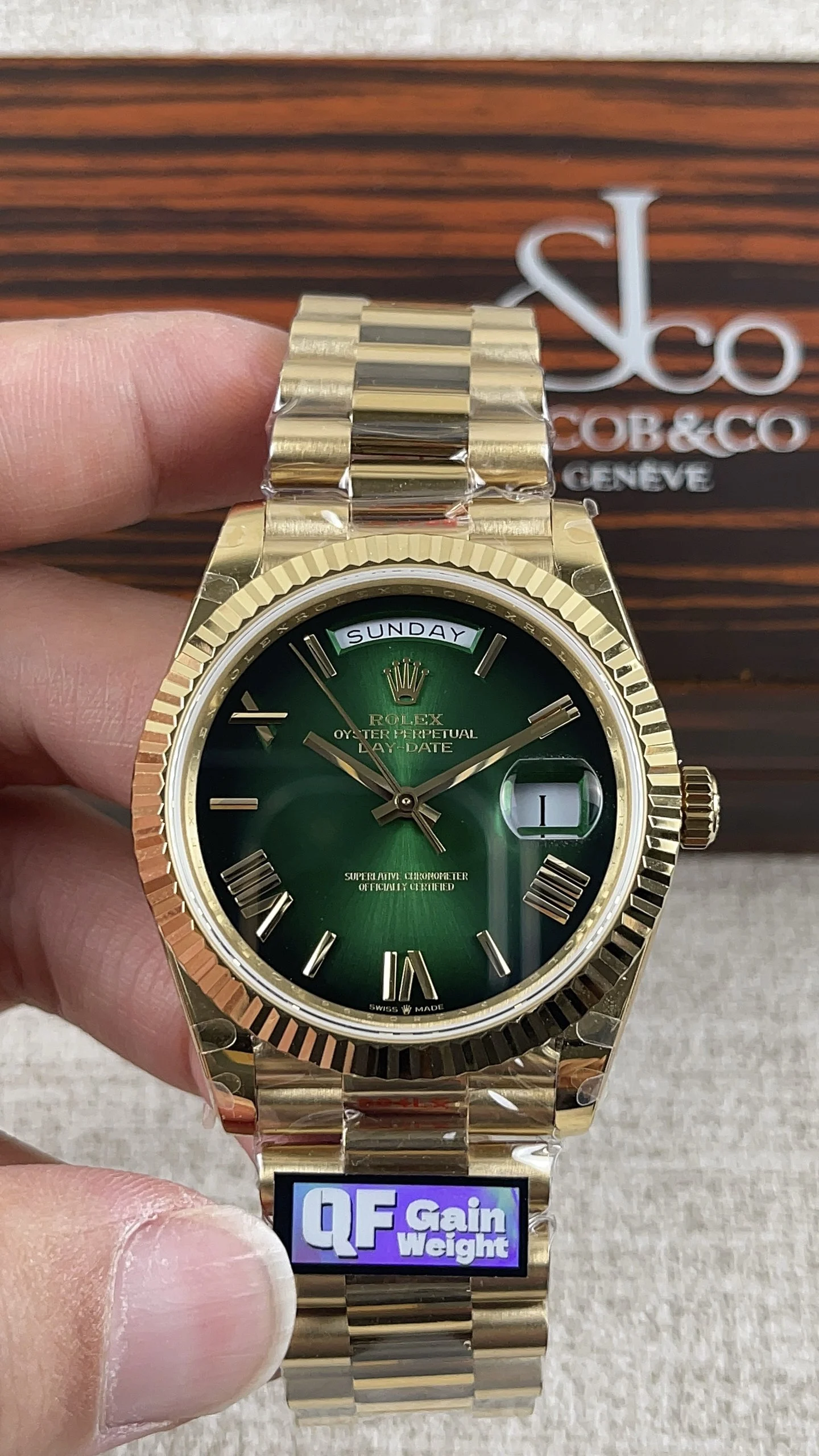 Rolex Day-Date Green Dial 40mm — photographed off the sweep