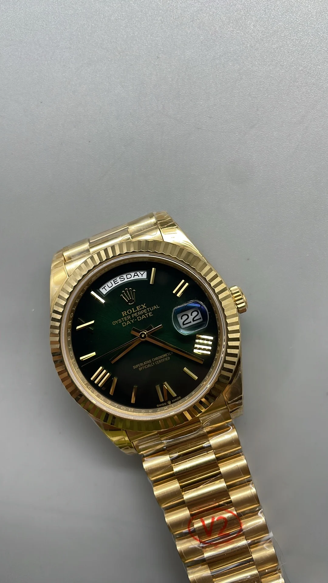 Rolex Day-Date Green Dial 40mm — photographed off the sweep