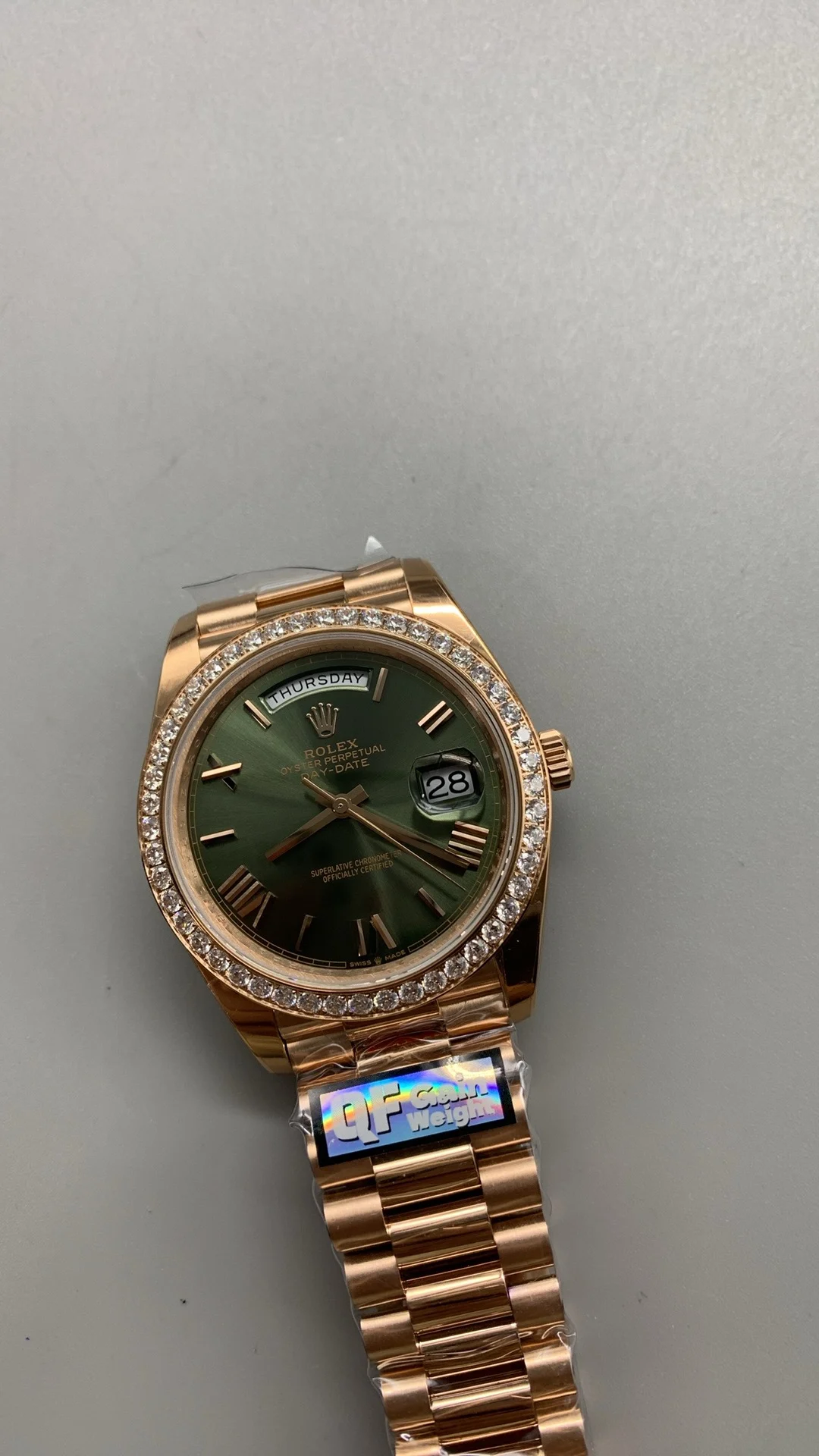 Rolex Day-Date Green Dial Diamond-Set 40mm — photographed off the sweep