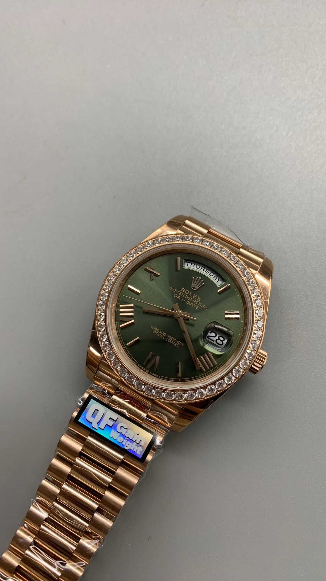 Rolex Day-Date Green Dial Diamond-Set 40mm — photographed off the sweep