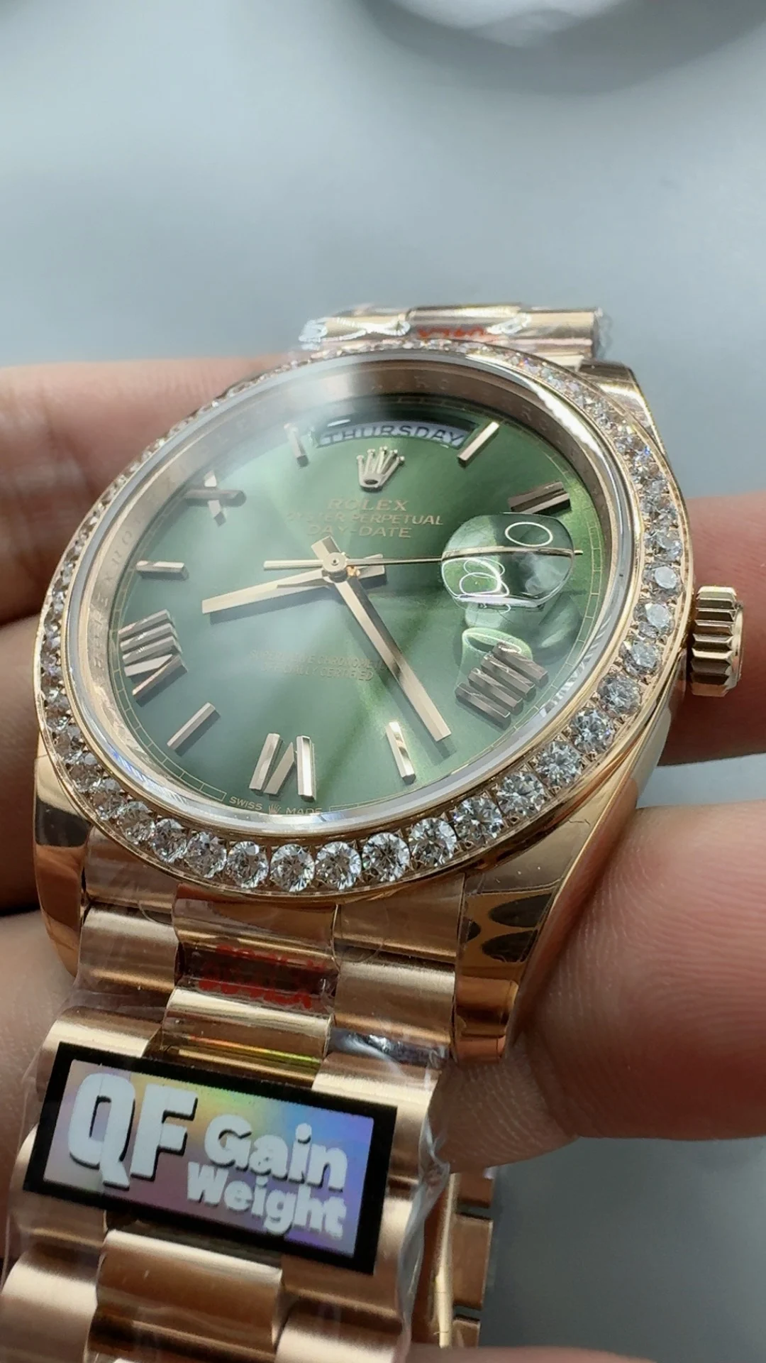 Rolex Day-Date Green Dial Diamond-Set 40mm — photographed off the sweep