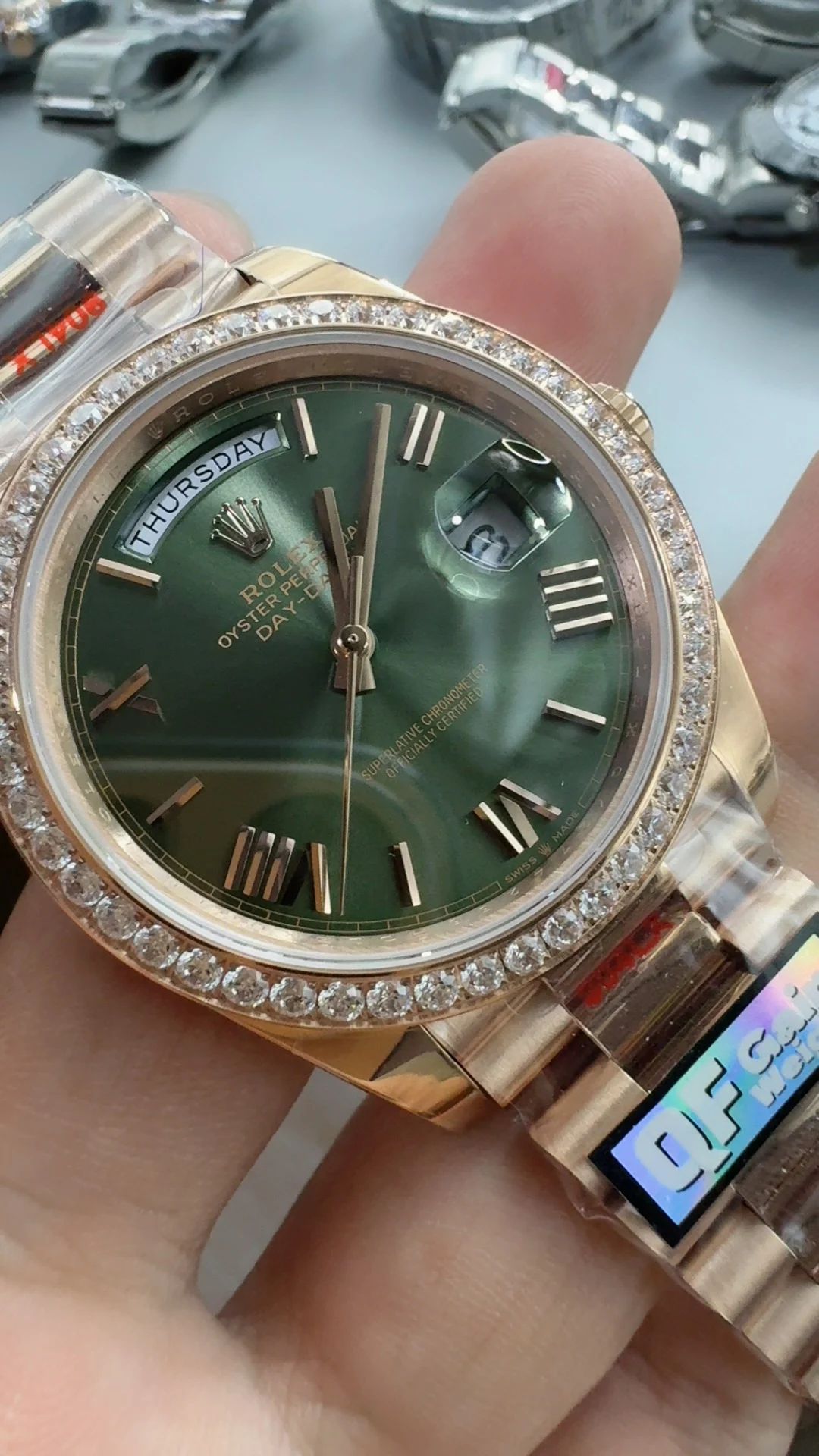 Rolex Day-Date Green Dial Diamond-Set 40mm — photographed off the sweep