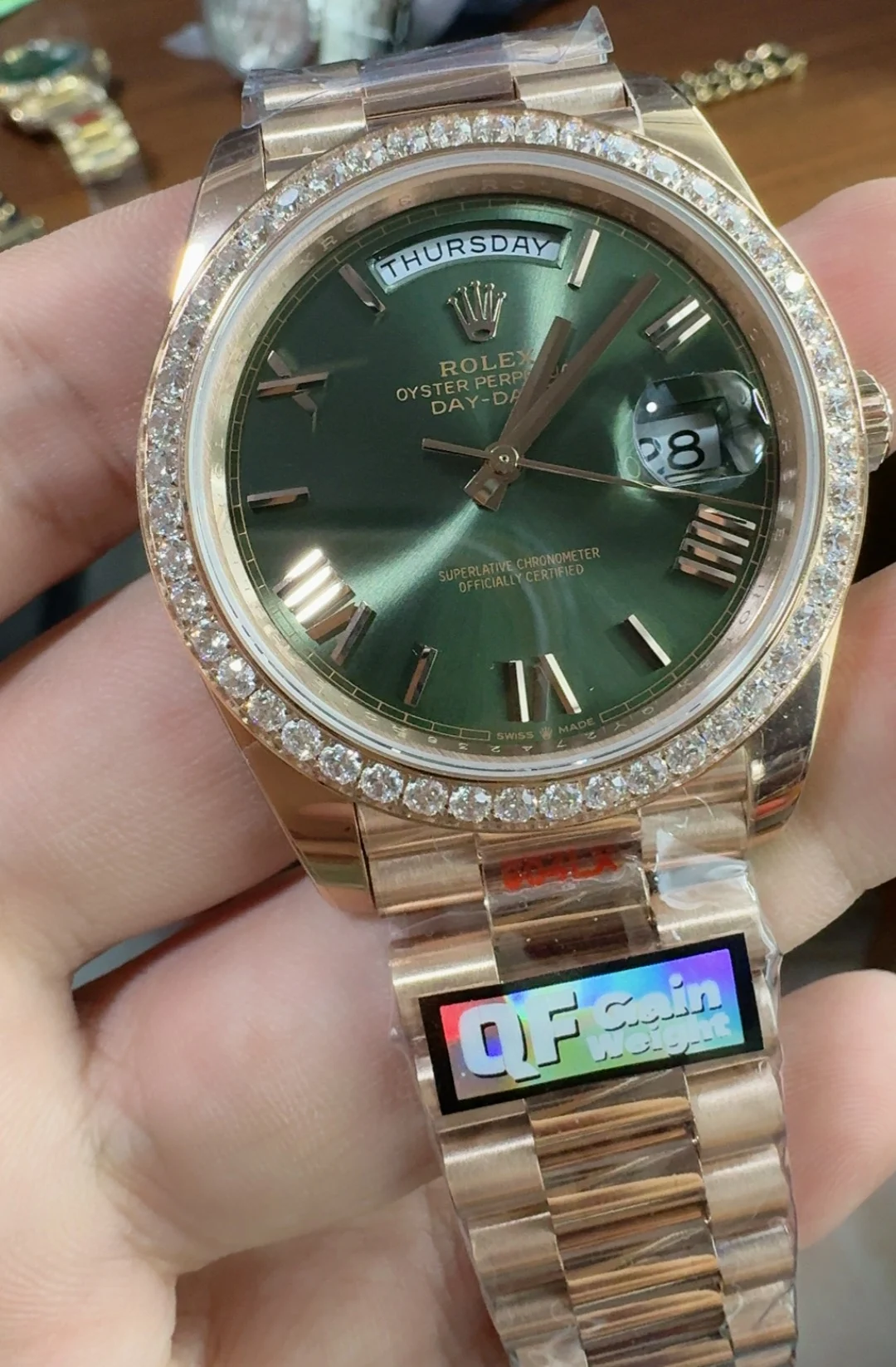 Rolex Day-Date Green Dial Diamond-Set 40mm — photographed off the sweep