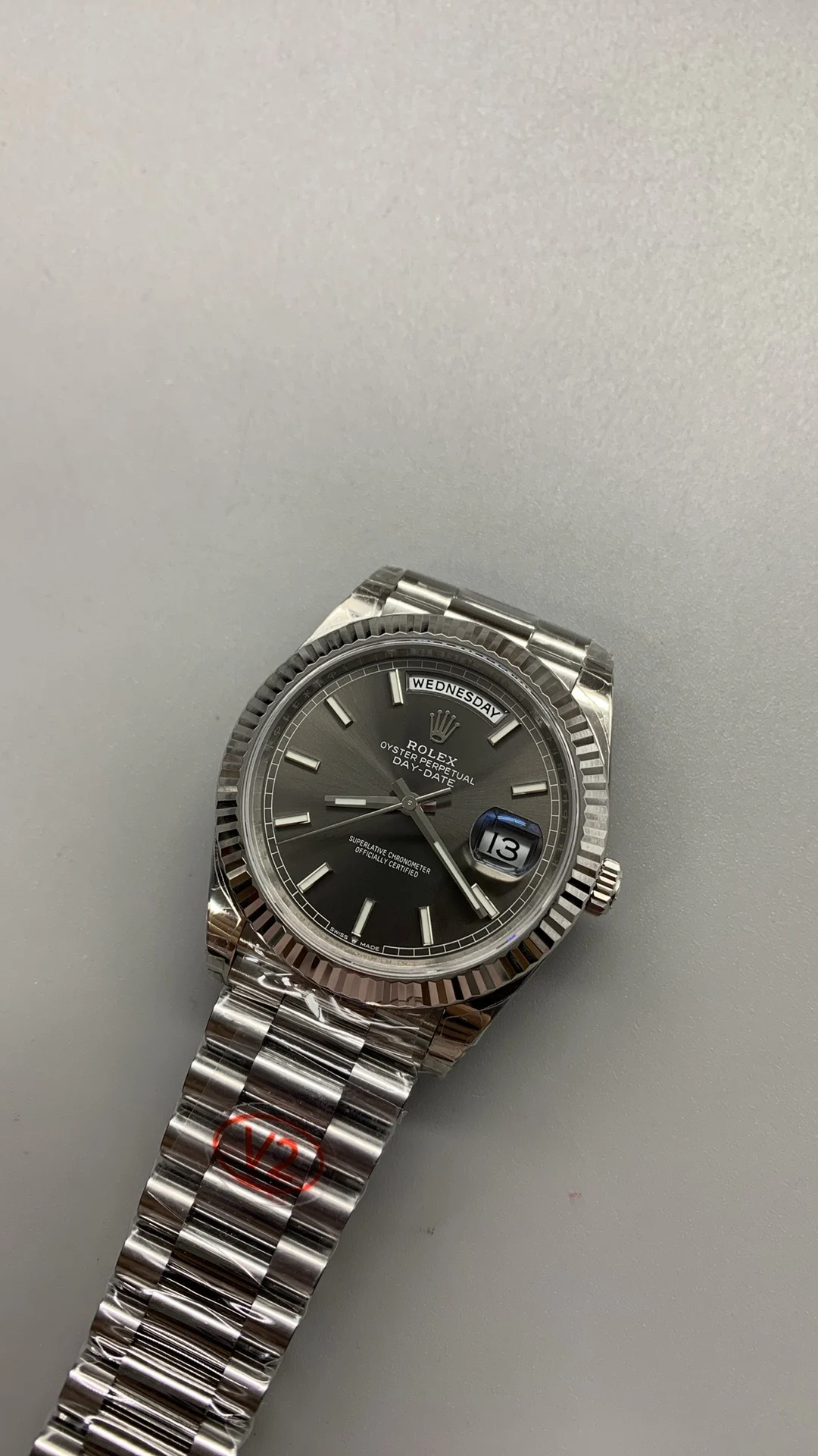 Rolex Day-Date Grey Dial 40mm — photographed off the sweep