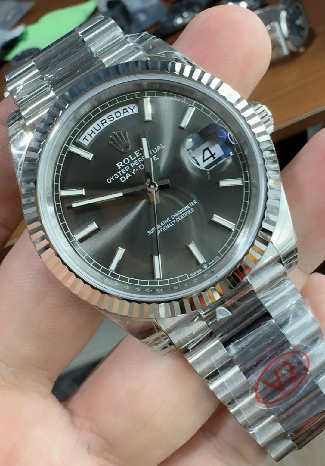Rolex Day-Date Grey Dial 40mm — photographed off the sweep