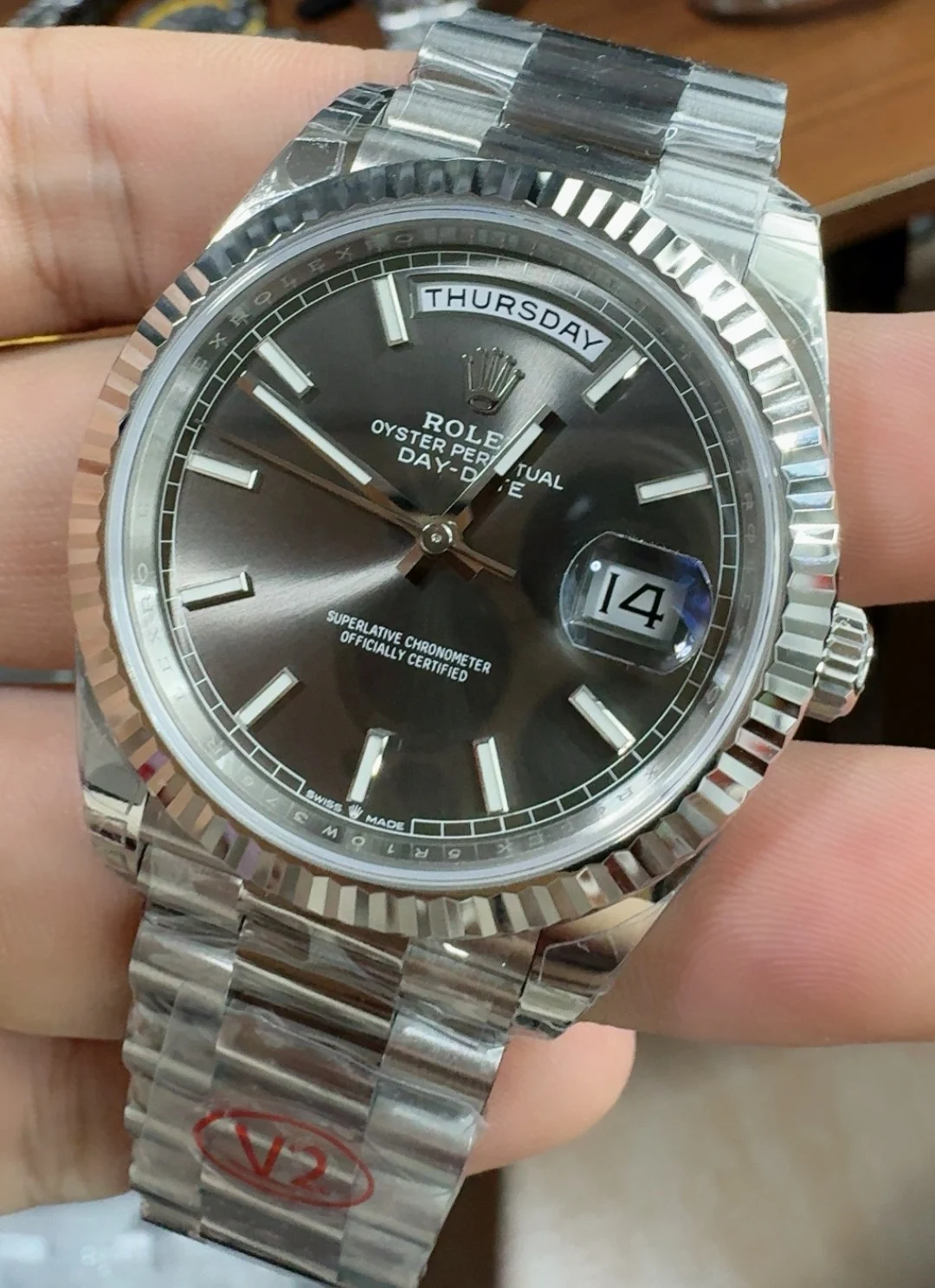 Rolex Day-Date Grey Dial 40mm — photographed off the sweep