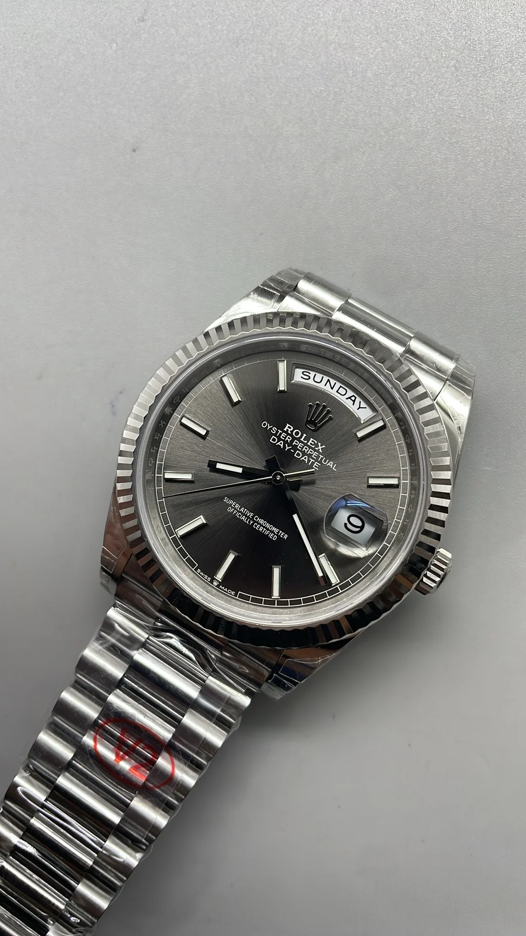 Rolex Day-Date Grey Dial 40mm — photographed off the sweep