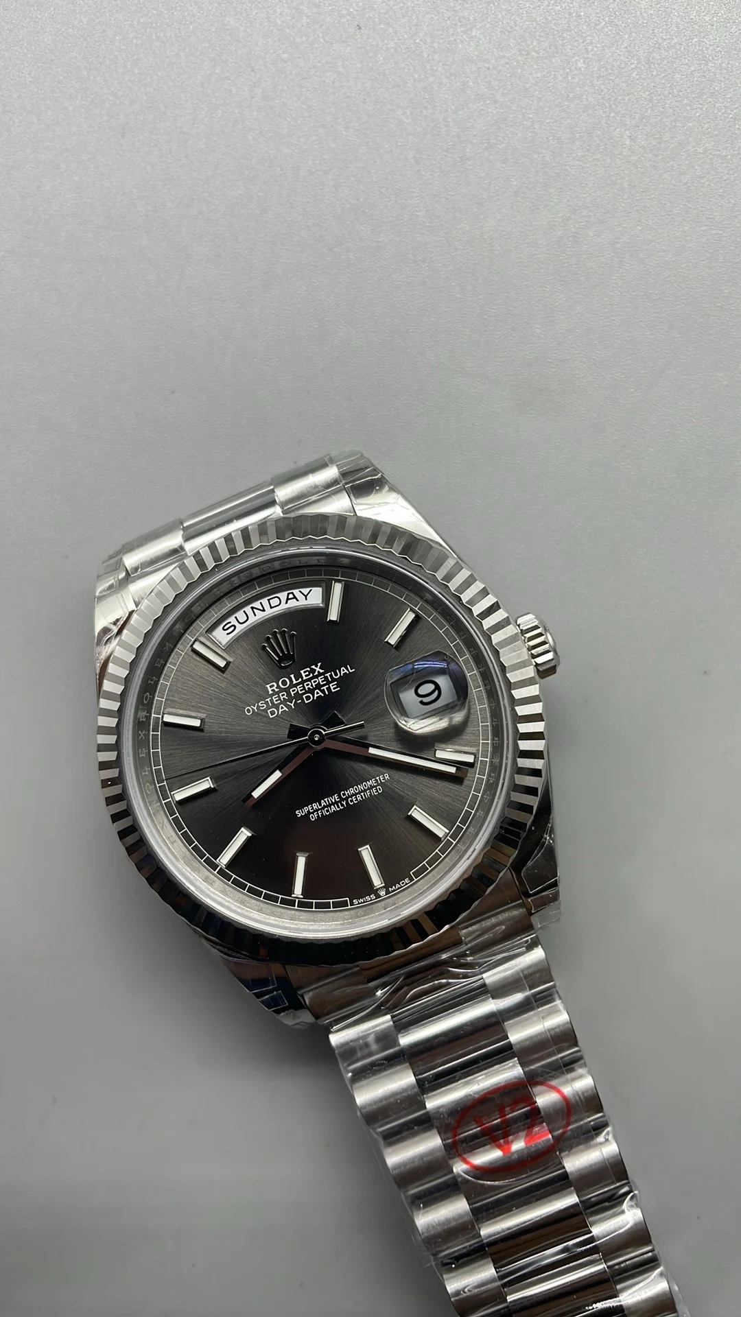 Rolex Day-Date Grey Dial 40mm — photographed off the sweep