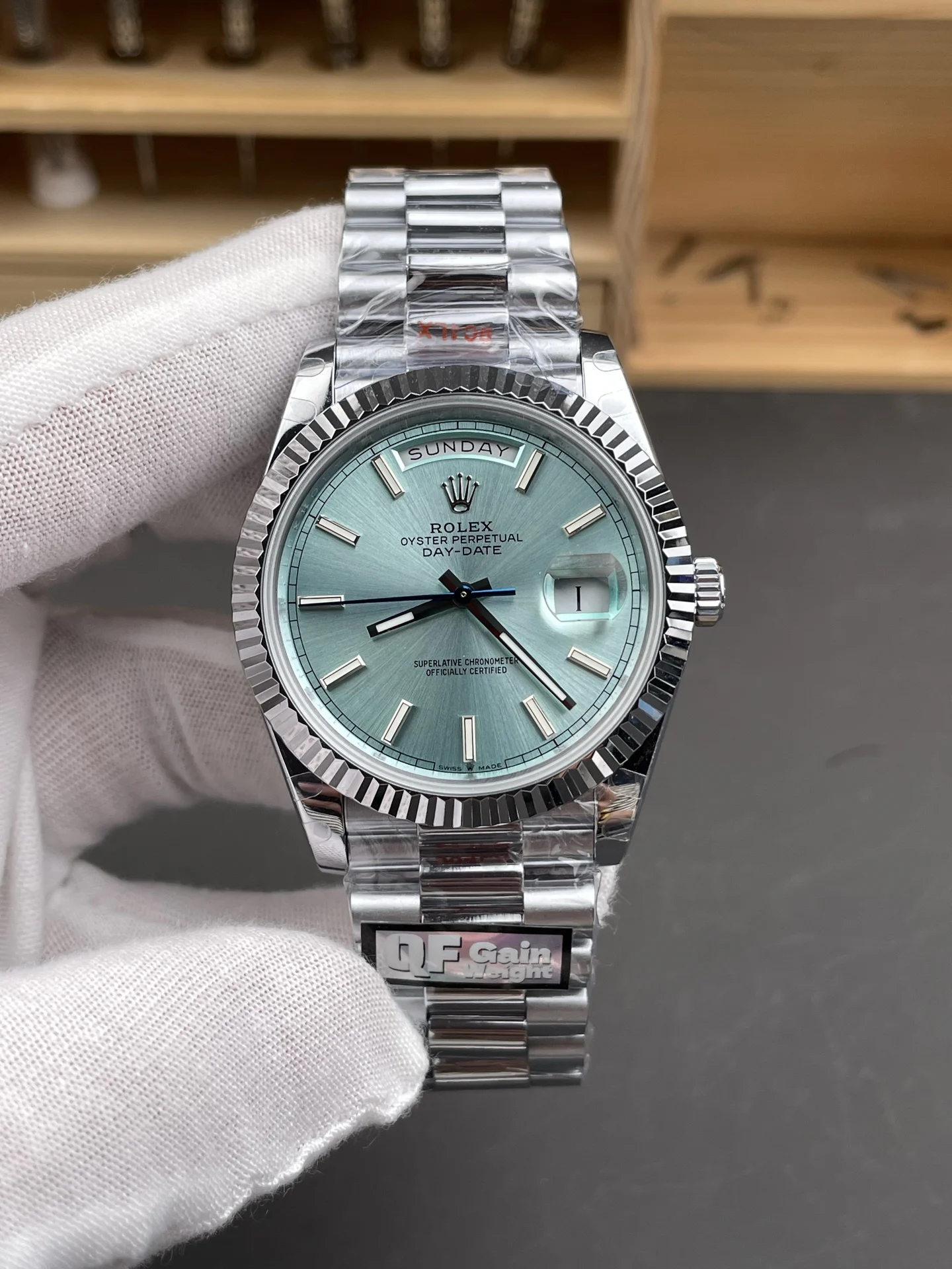 Rolex Day-Date Ice Blue Blue Dial 40mm — photographed off the sweep