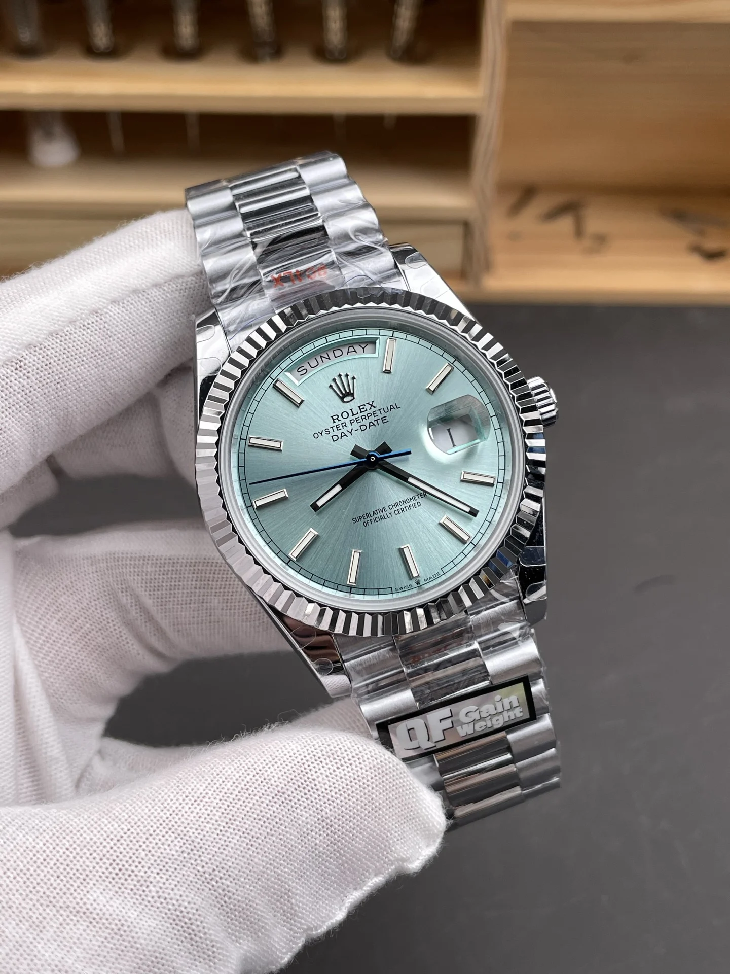 Rolex Day-Date Ice Blue Blue Dial 40mm — photographed off the sweep