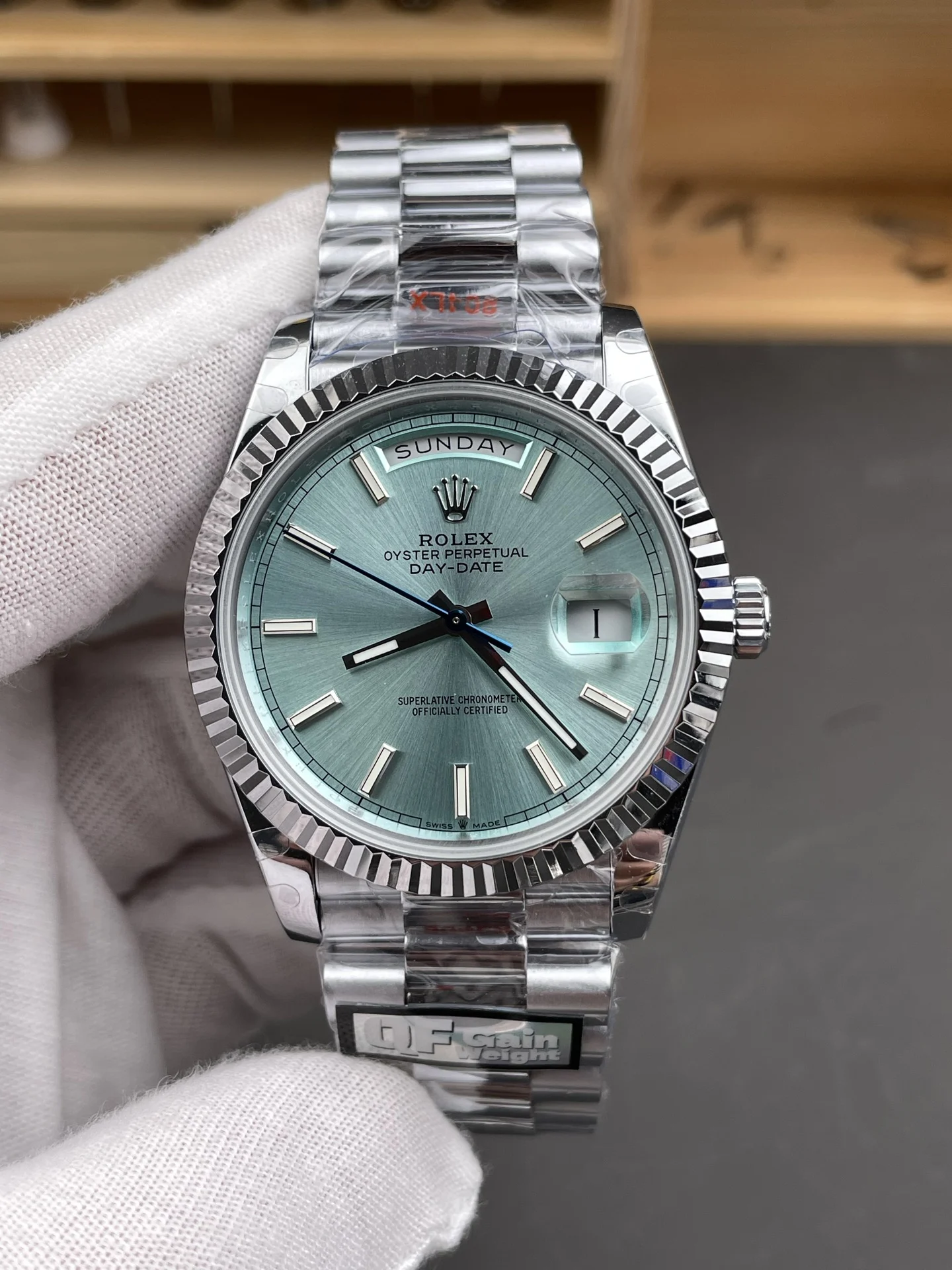 Rolex Day-Date Ice Blue Blue Dial 40mm — photographed off the sweep