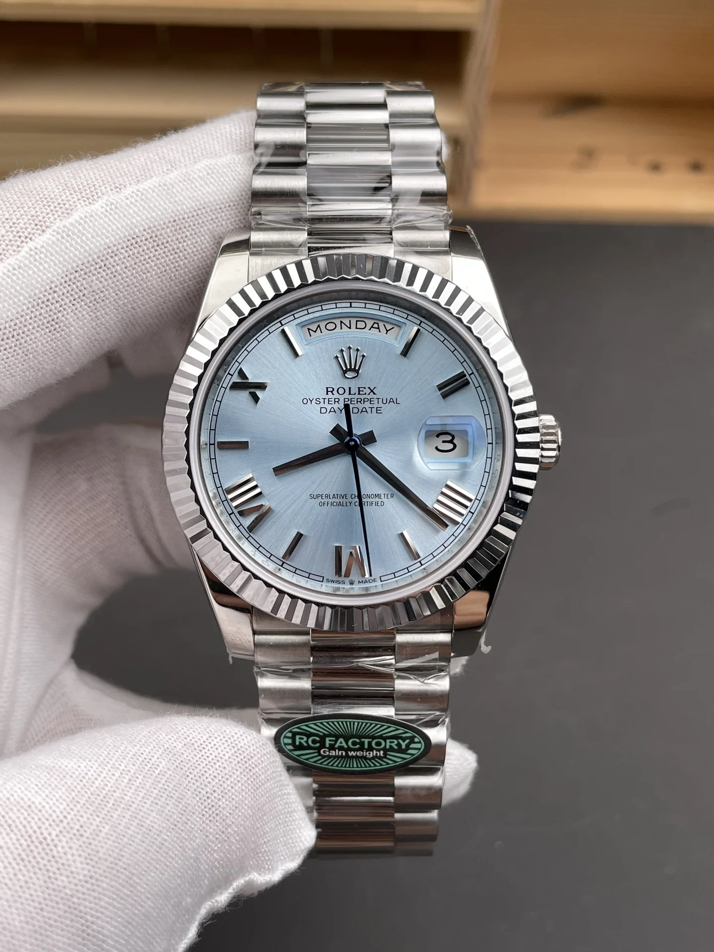 Rolex Day-Date Ice Blue Blue Dial 40mm — photographed off the sweep