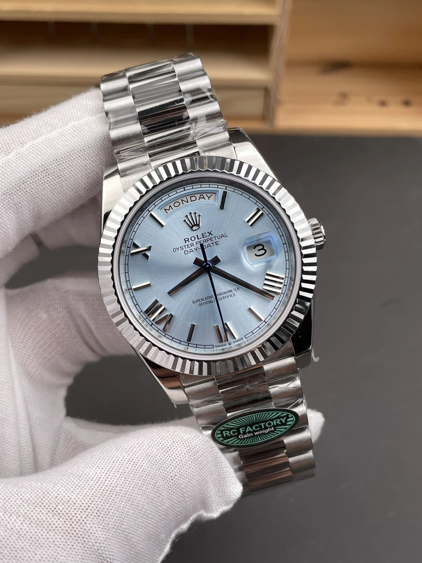 Rolex Day-Date Ice Blue Blue Dial 40mm — photographed off the sweep