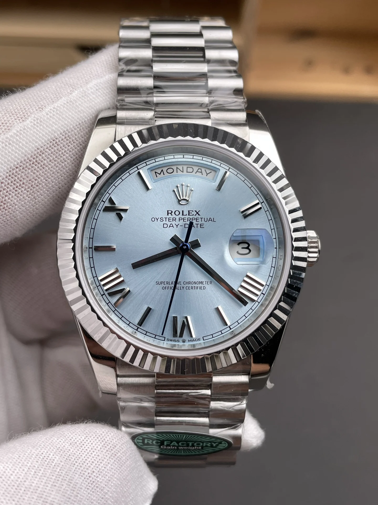 Rolex Day-Date Ice Blue Blue Dial 40mm — photographed off the sweep
