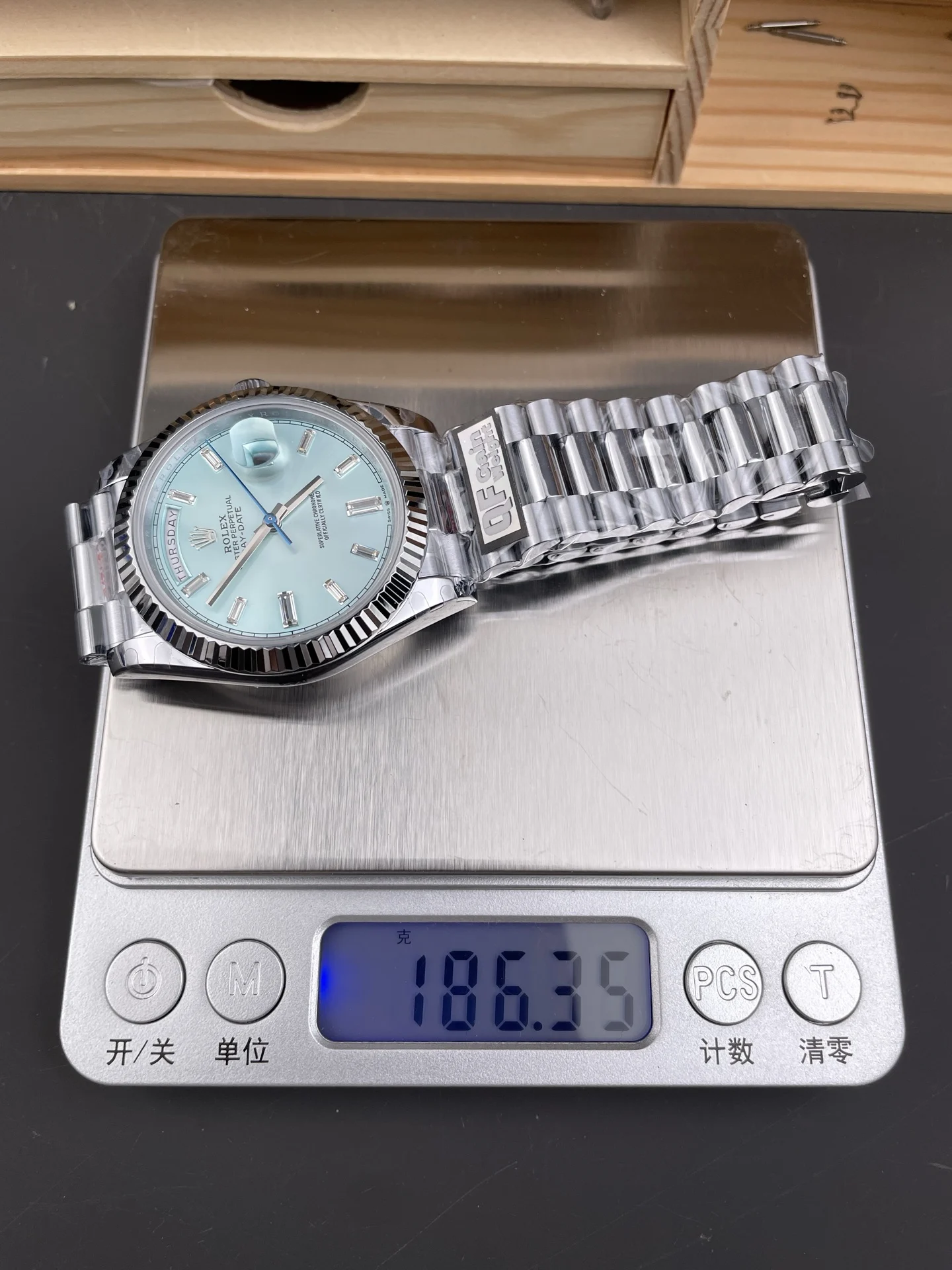 Rolex Day-Date Ice Blue Blue Dial 40mm — photographed off the sweep