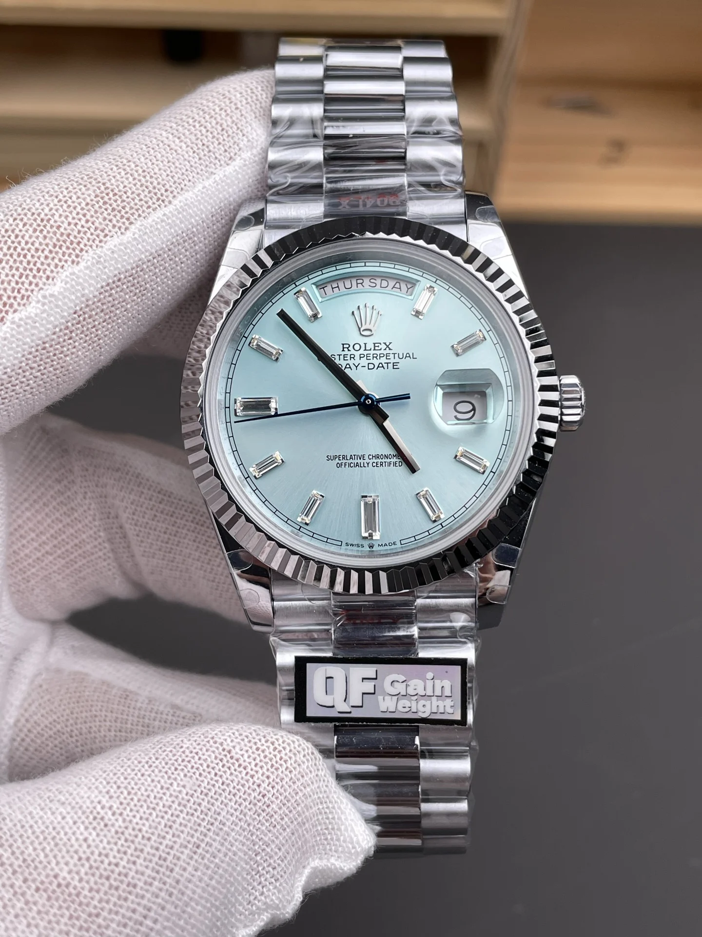Rolex Day-Date Ice Blue Blue Dial 40mm — photographed off the sweep