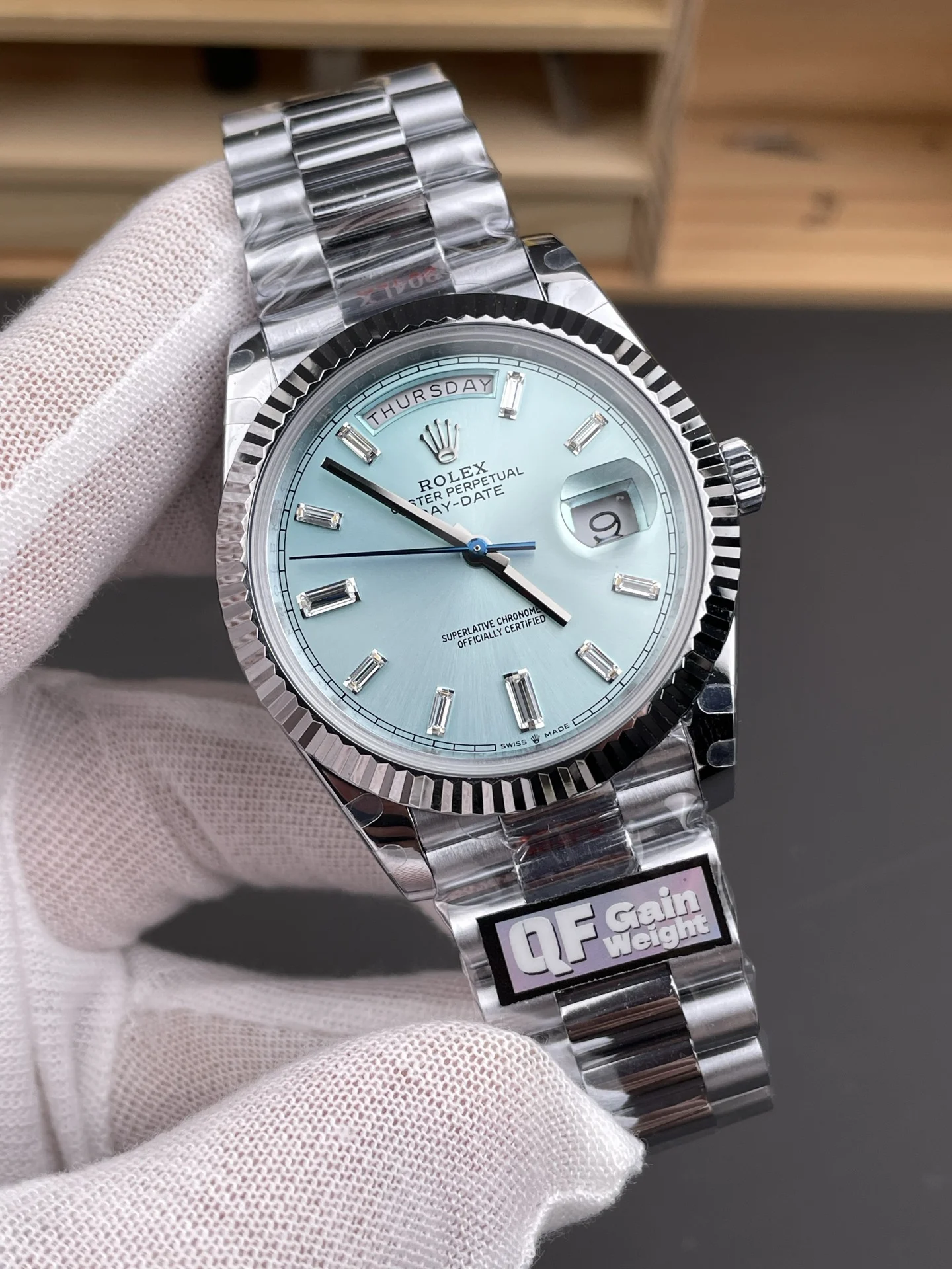 Rolex Day-Date Ice Blue Blue Dial 40mm — photographed off the sweep