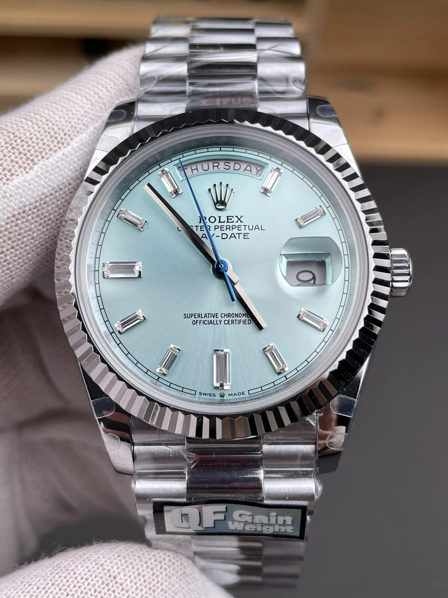 Rolex Day-Date Ice Blue Blue Dial 40mm — photographed off the sweep