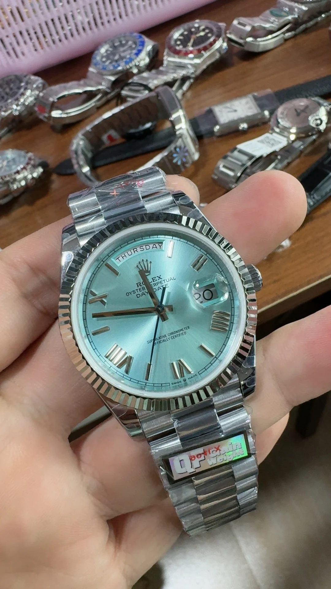 Rolex Day-Date Ice Blue Blue Dial 40mm — photographed off the sweep
