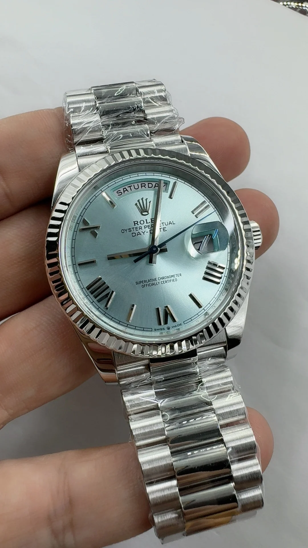 Rolex Day-Date Ice Blue Blue Dial 40mm — photographed off the sweep
