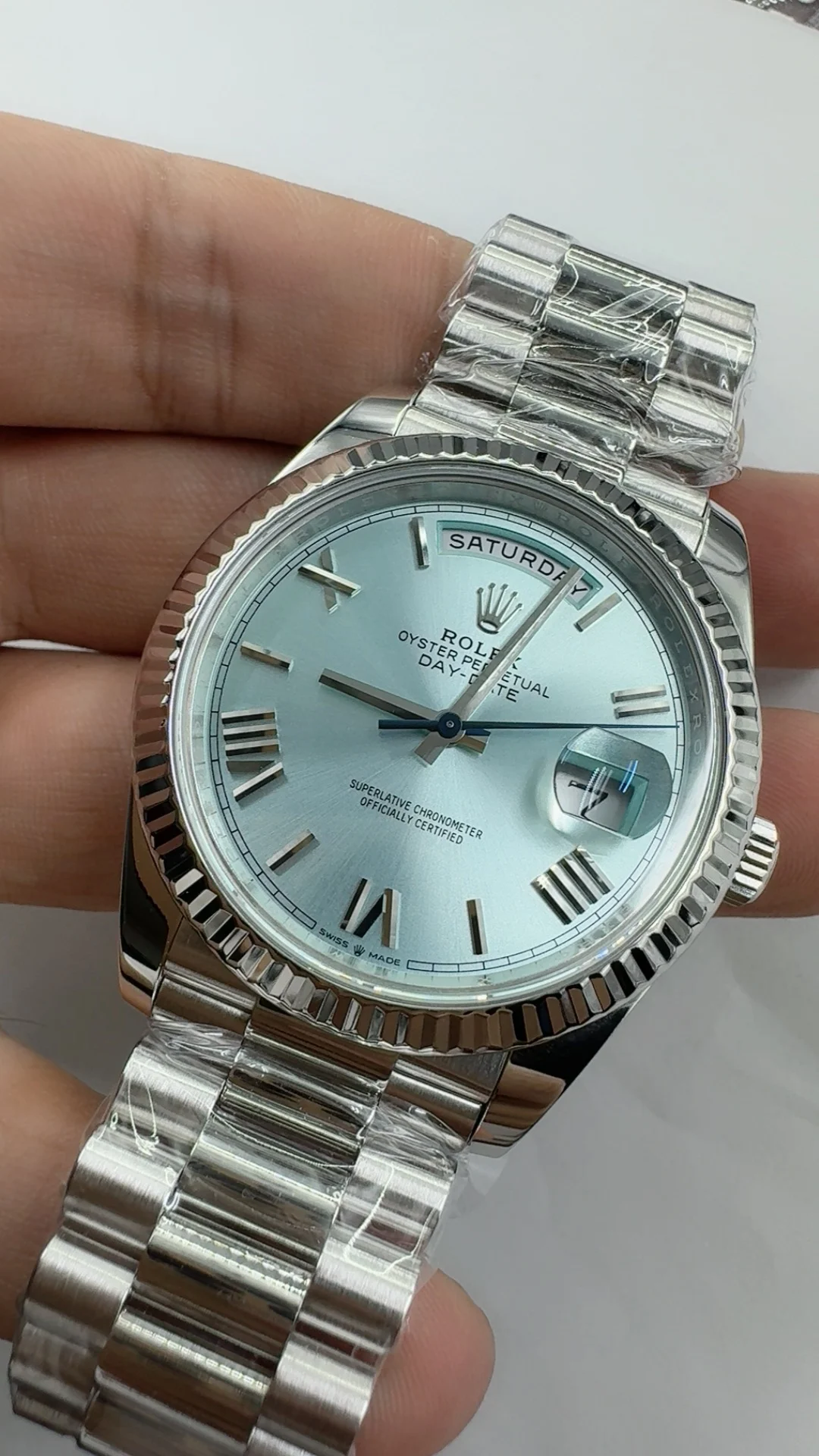 Rolex Day-Date Ice Blue Blue Dial 40mm — photographed off the sweep