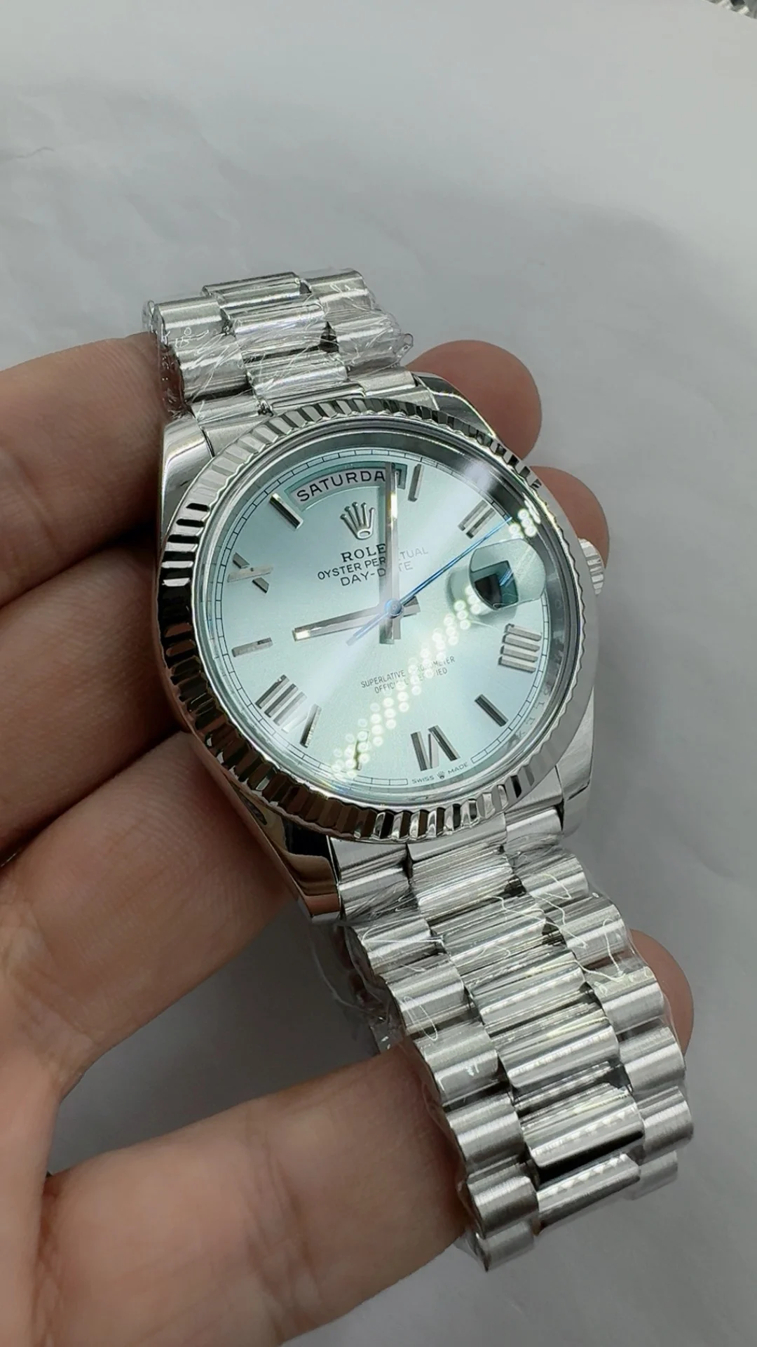 Rolex Day-Date Ice Blue Blue Dial 40mm — photographed off the sweep