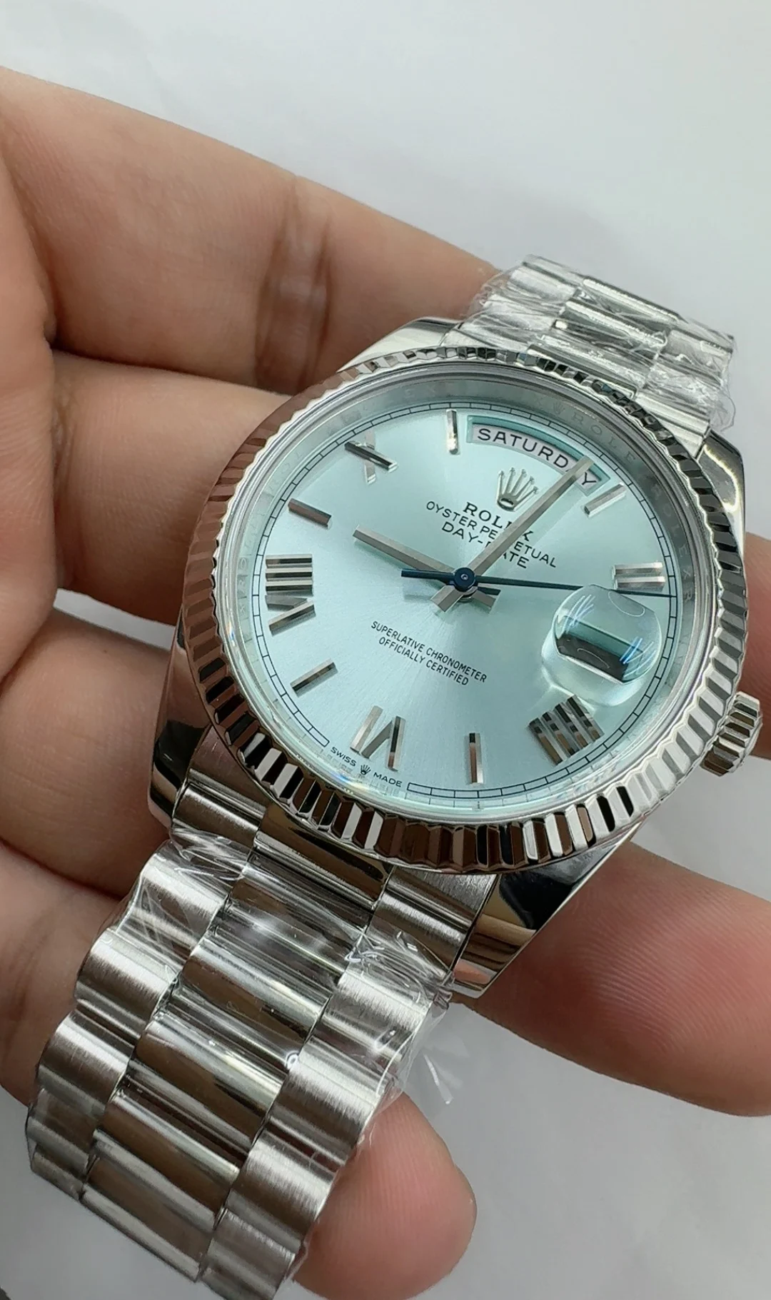 Rolex Day-Date Ice Blue Blue Dial 40mm — photographed off the sweep