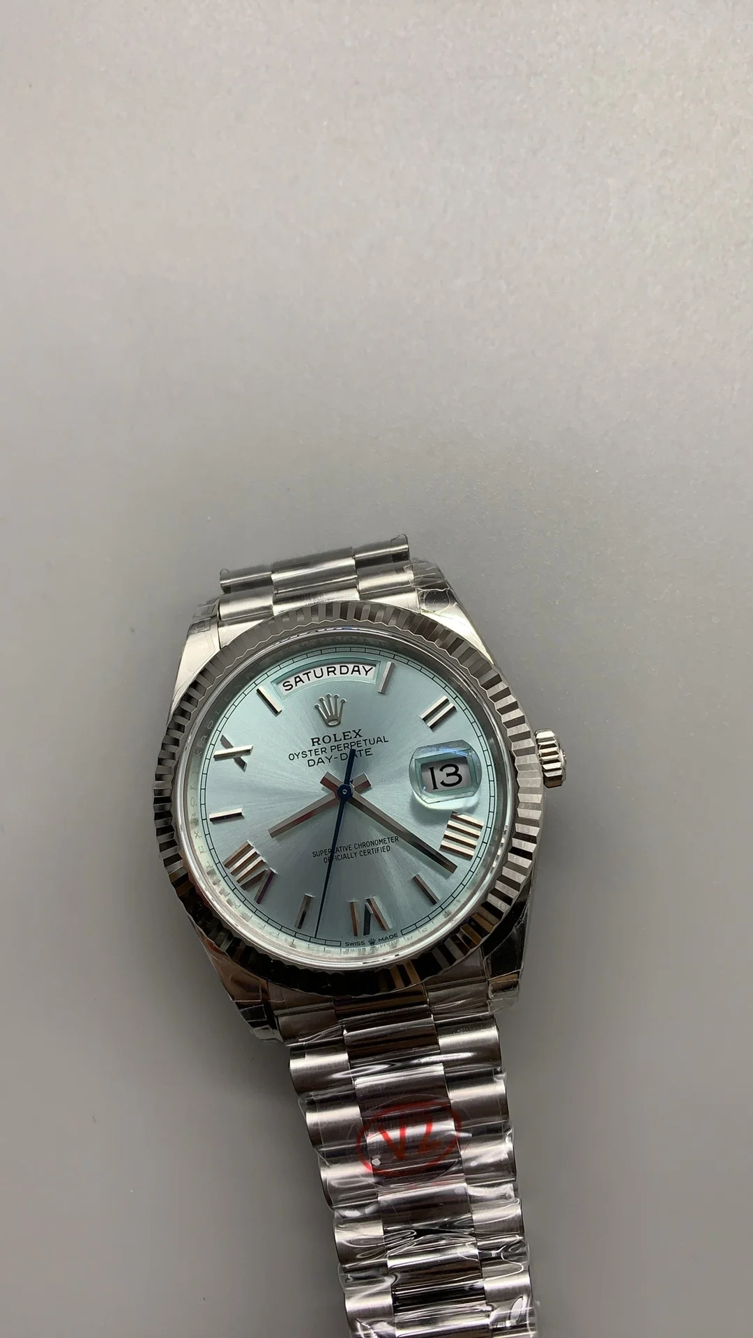 Rolex Day-Date Ice Blue Blue Dial 40mm — photographed off the sweep